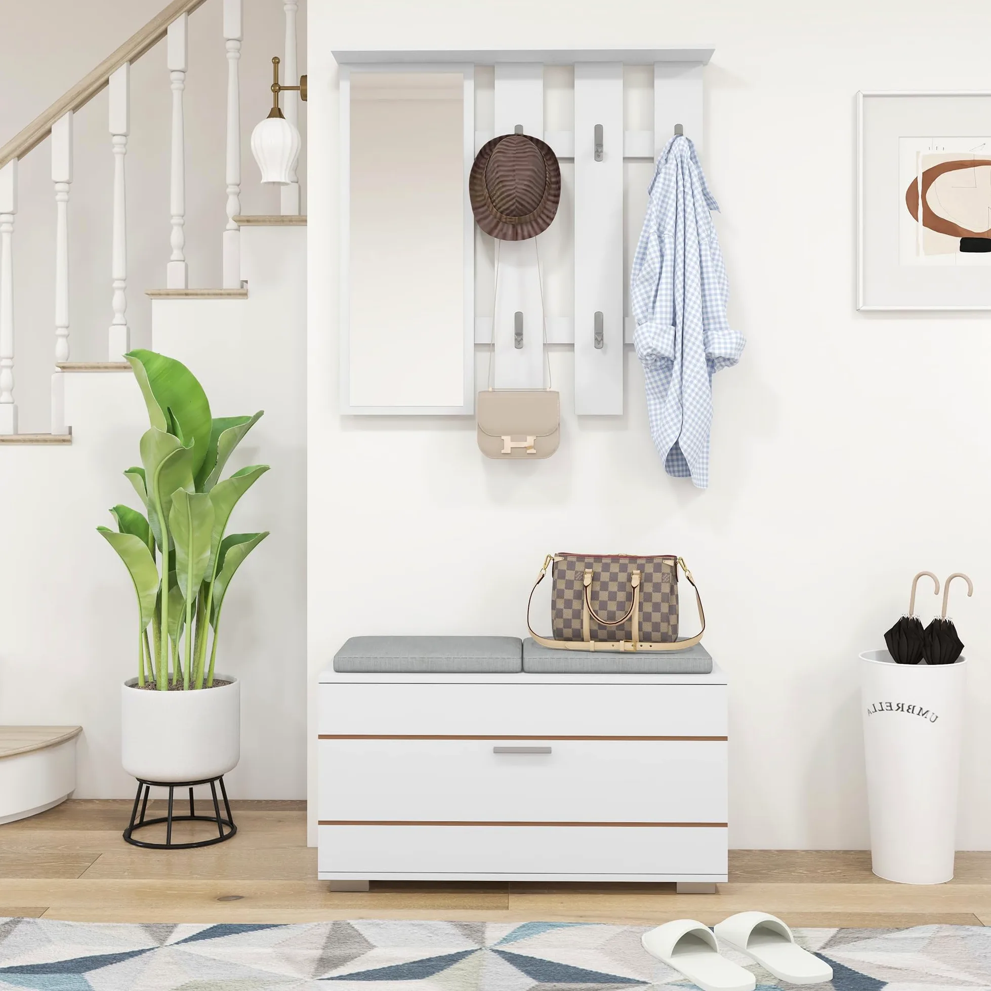HOMCOM Set 4 in 1 Mobili da Ingresso con Appendiabiti, Specchio, Panca con Cuscini e Scarpiera per 8 Paia di Scarpe, Bianco