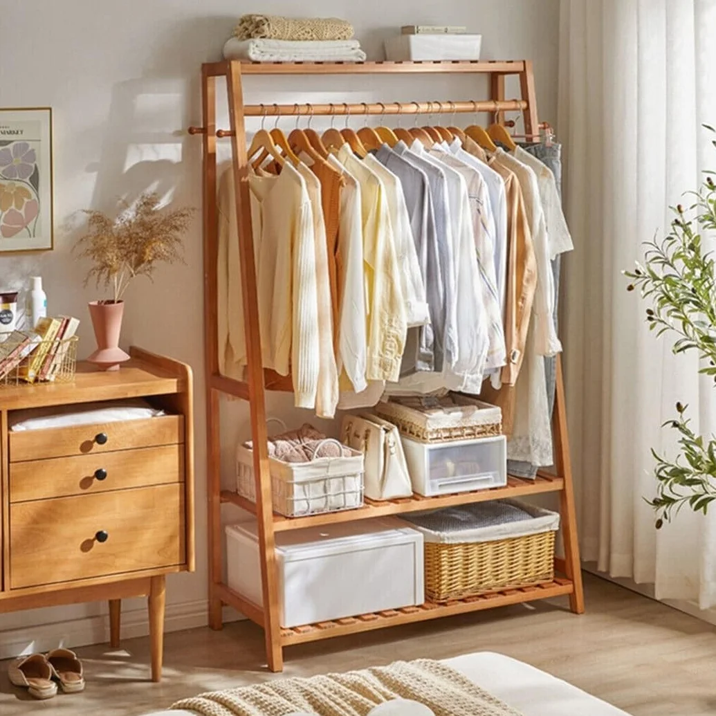 Stand Appendiabiti in legno da Terra Guardaroba Armadio Aperto in Bambù per Camera da Letto con Scarpiera