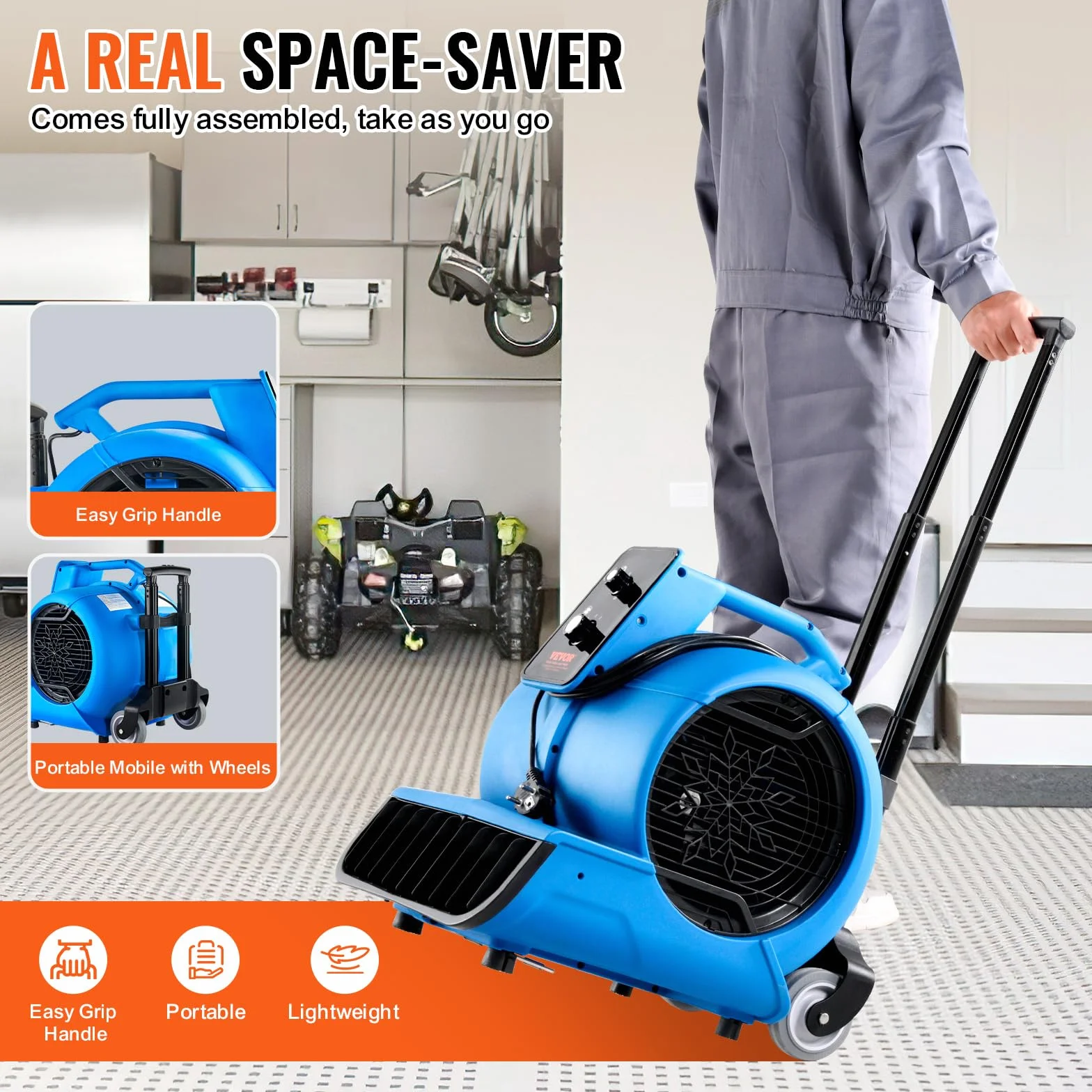 VEVOR Soffiatore da Pavimento 1400 Giri/min Ventilatore per Asciugatura Tappeti Portatile 113,26 m³/min con 3 Angoli di Soffio Temporizzatore 3 Impostazioni di Velocità per Domestico e Commerciale