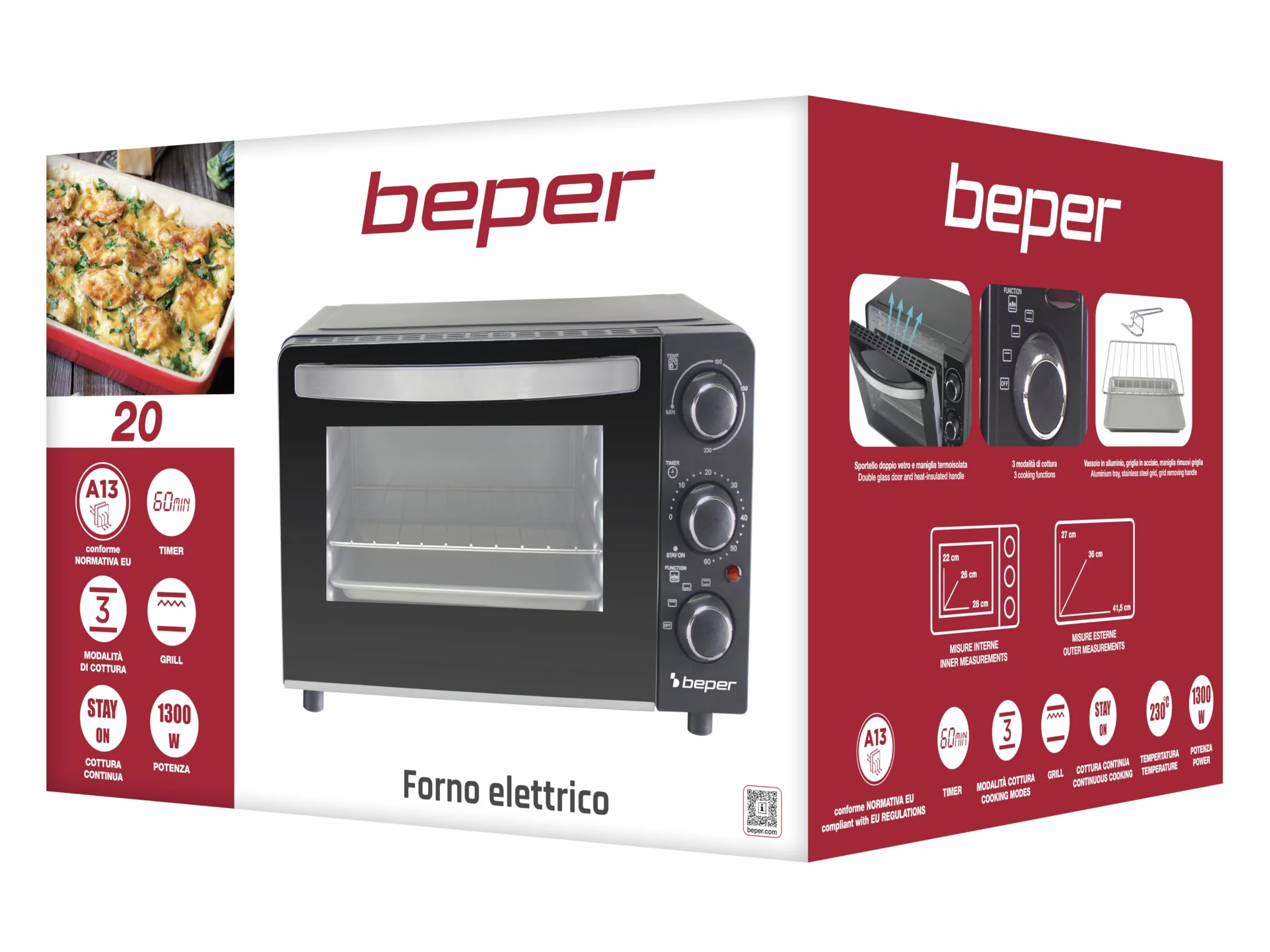 BEPER P101FOR020 Forno Elettrico Compatto 1300W Timer 60 Minuti 3 Modalità Cottura Nero