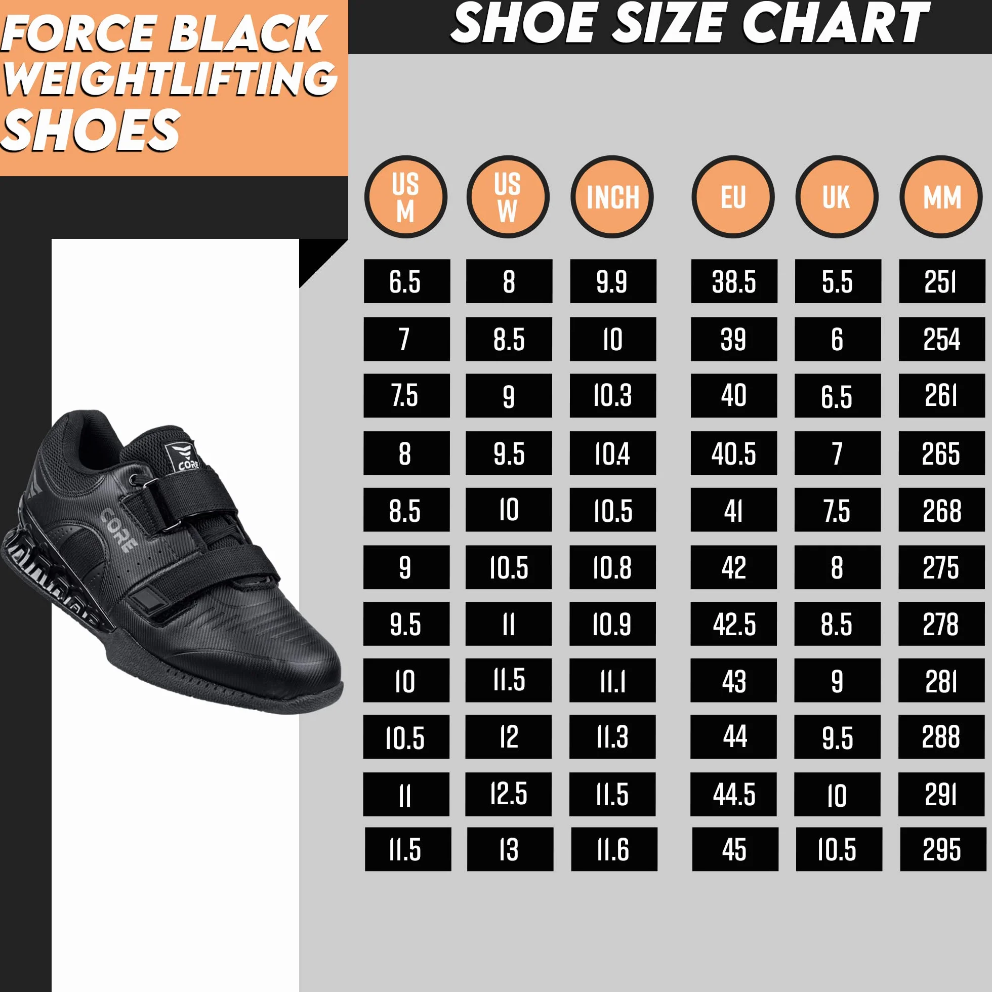 Nordcore Scarpe Sollevamento Pesi Force Black, Scarpe Squat Palestra, Calzature Powerlifting Cinturino Crossfit