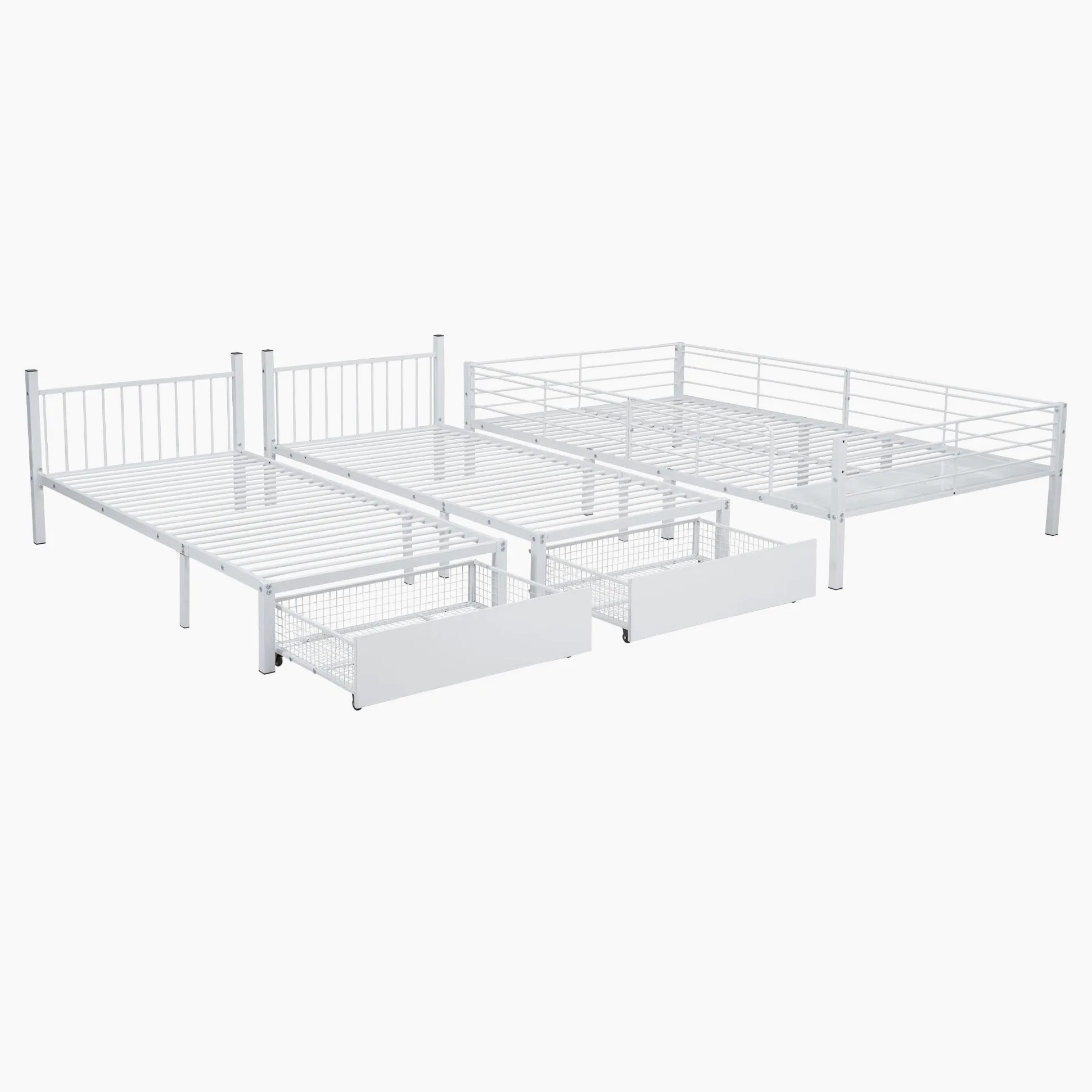Moimhear Letto a castello triplo con cassetti, trasformabile in letto matrimoniale 140 x 200 e due letti singoli 90 x 200, letto multifunzionale con struttura in metallo (bianco)