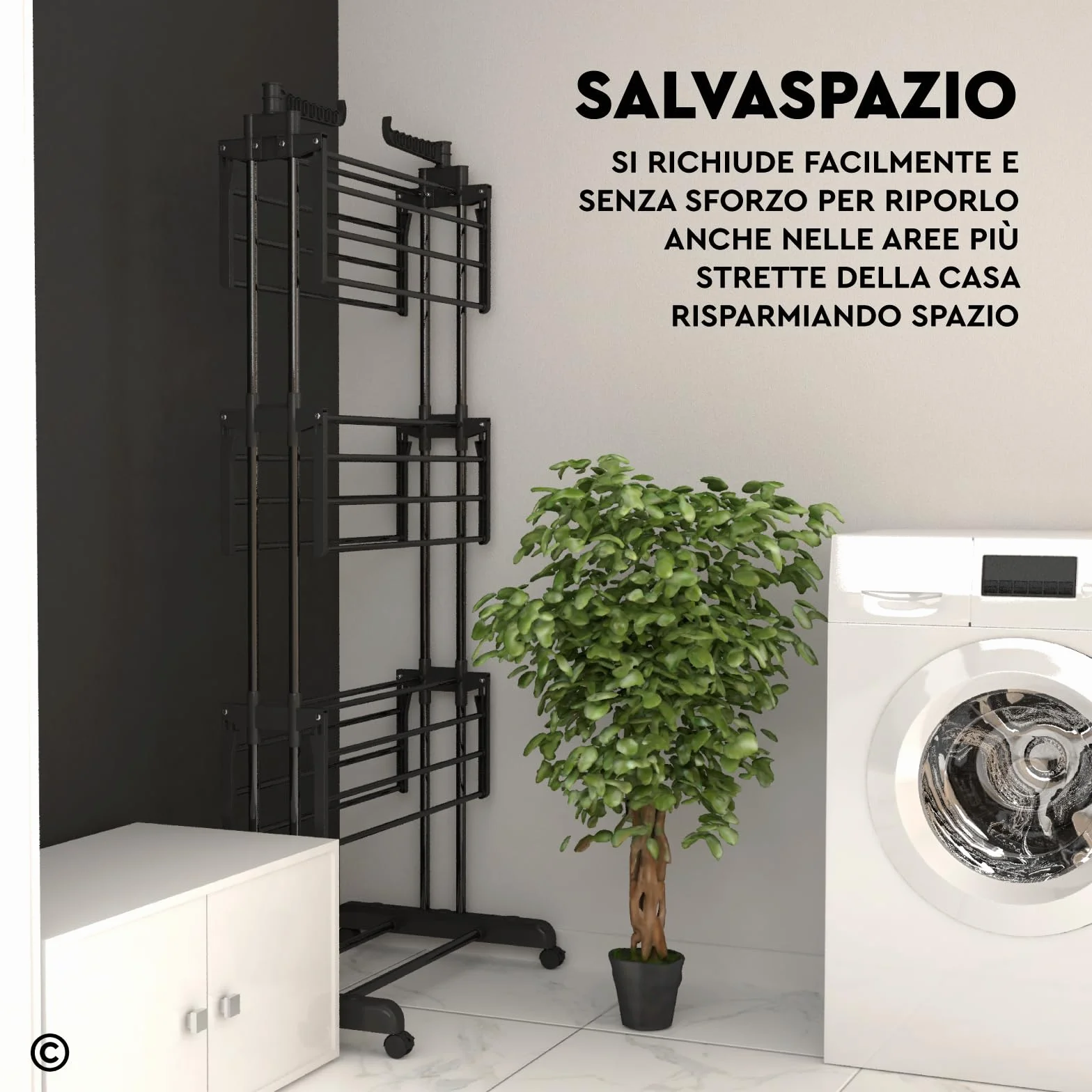 Stendibiancheria Verticale 4 Livelli Stendino Salvaspazio a Torre in Acciaio Inossidabile Richiudibile con Ruote e Ali Laterali Nero