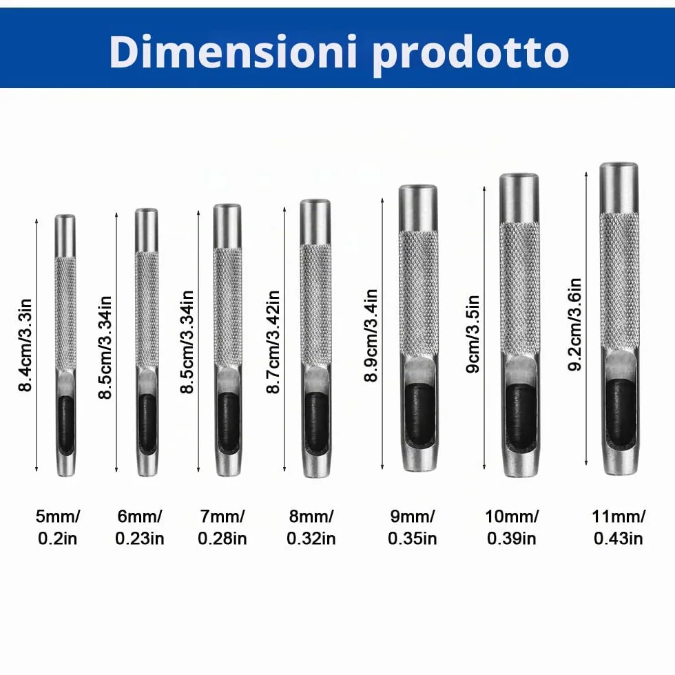 Punzoni per Cuoio, 7 Pezzi Rotondo Punzone Cavo in Acciaio Set, 5mm-11mm Fustelle per Cuoio, Affilato Punzone in Pelle, Punzoni per Bucare Cuoio, per Gomma Cartone Plastica Artigianato Tessuto