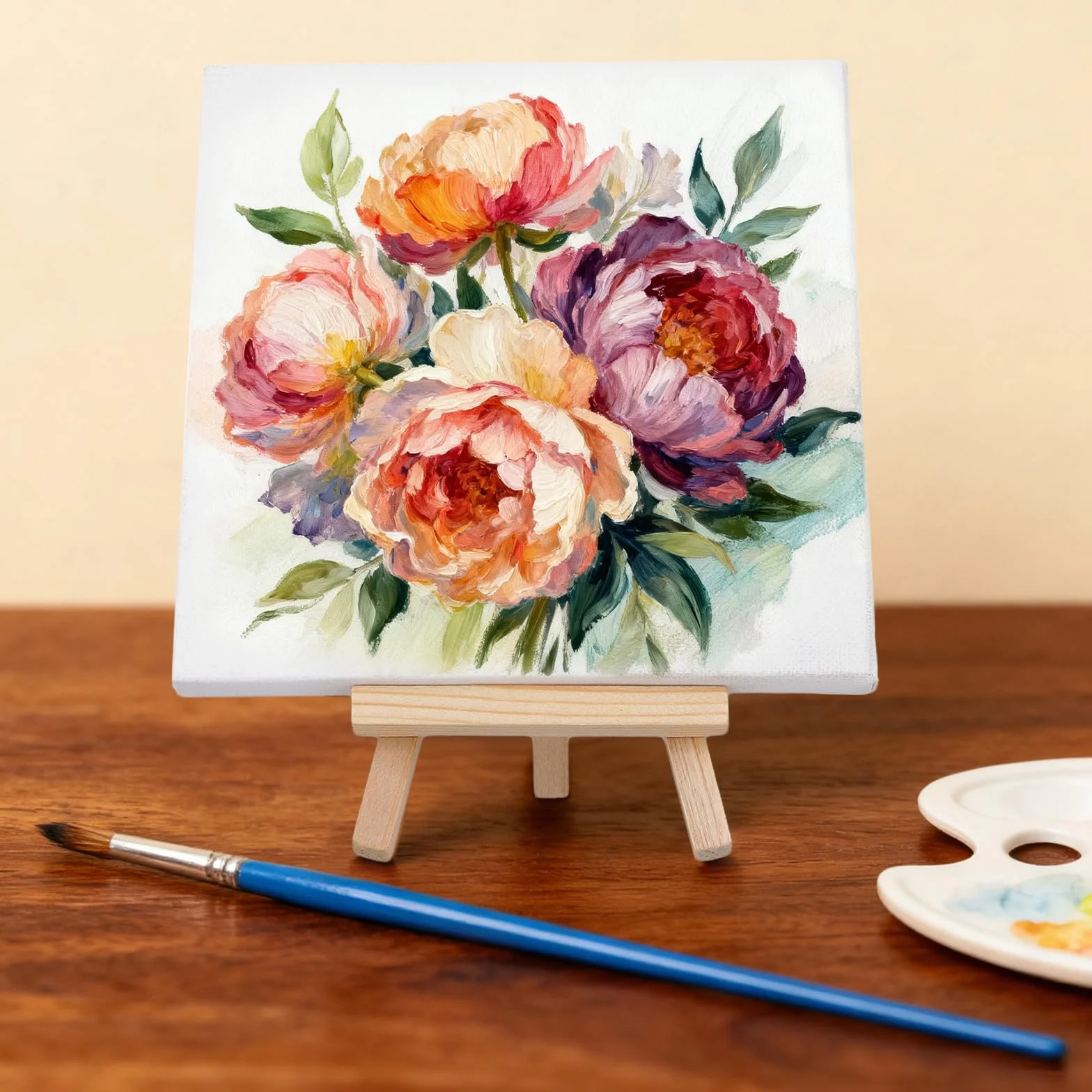 Set di 24 mini tele 15x15 cm per pittura ad acquerello con cavalletto in legno 8x15 cm, 12 pennelli e 5 tavolozze