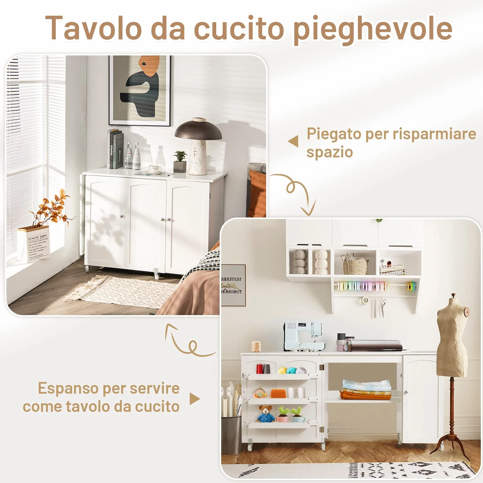 GYMAX Tavolo Pieghevole da Cucito, Scrivania e Armadio da Cucito 2 in 1, Tavolo per Macchina da Cucire con Rotelle, 3 Scompartimenti Laterali e 1 Armadietto, 2 Ruote con Freno (Bianco)