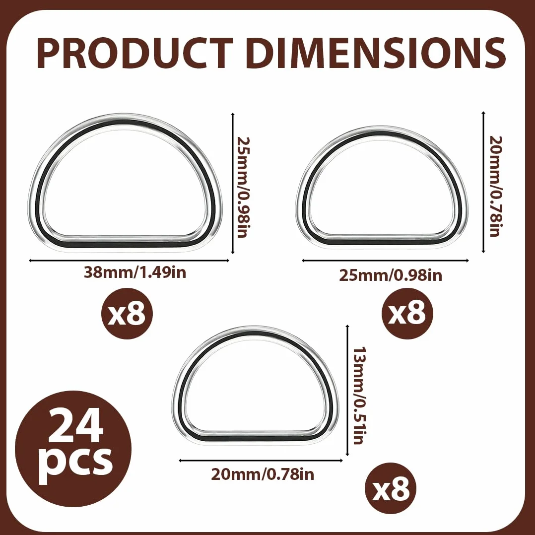 Anelli D Argento 20mm 25mm 38mm, D-Ring in Metallo per Borse, Cinghie, Zaini, 24 Pezzi