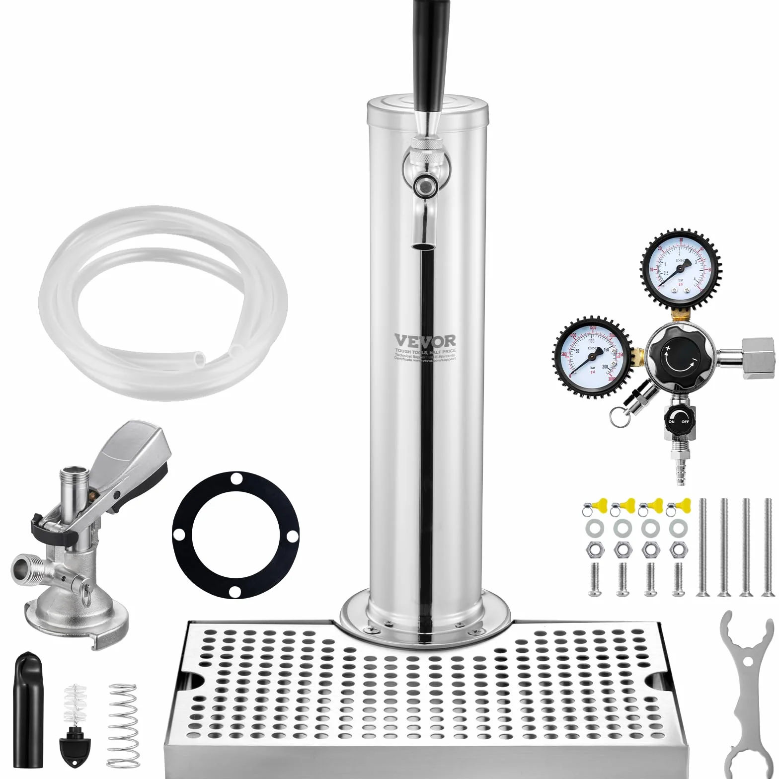 VEVOR Kit Distributore di Birra, Kit Conversione Birra Rubinetto Singolo, Dispensatore Torre Birra in Acciaio Inossidabile con Regolatore Doppio Calibro, Vassoio Gocciolamento Birra per Feste a Casa