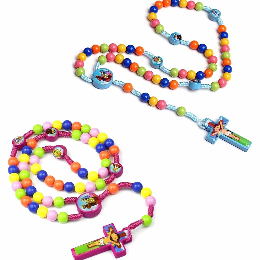 2 Pezzi Rosario con perline colorate, rosario per imparare a pregare, per bambini, con sacchetto regalo in velluto, regalo per Pasqua e battesimo cattolico