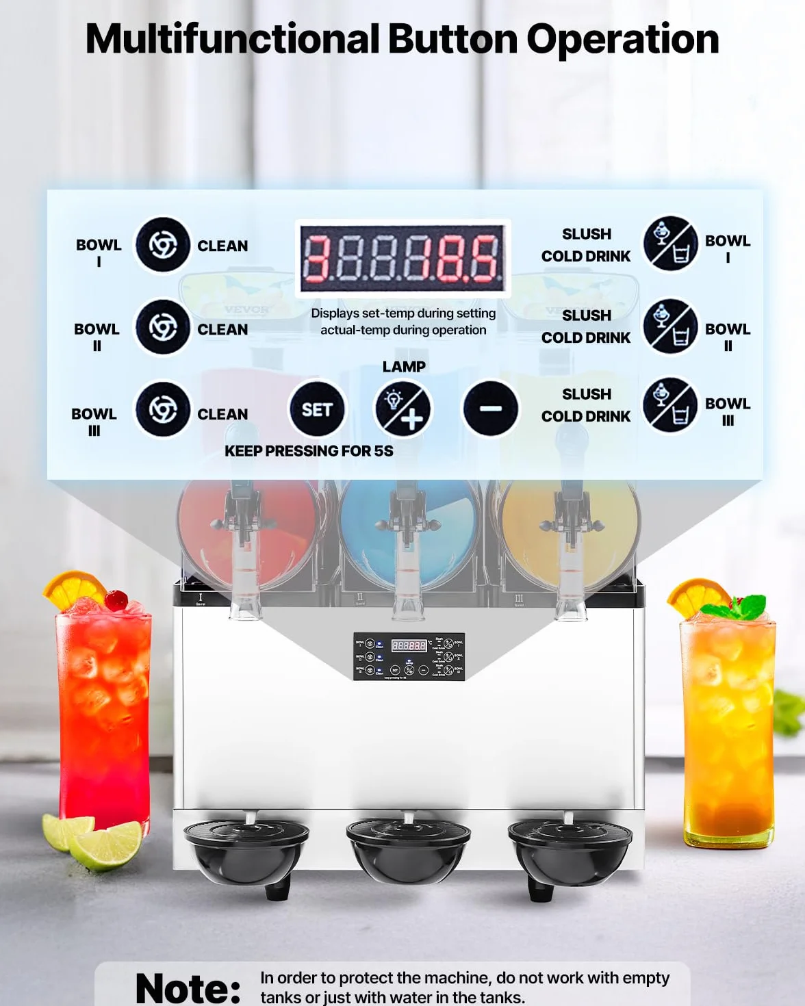 VEVOR Macchina per Bevande Ghiacciate Commerciale, Macchina per Granita Slushy a Triplo Serbatoio 15L x 3 Acciaio Inox