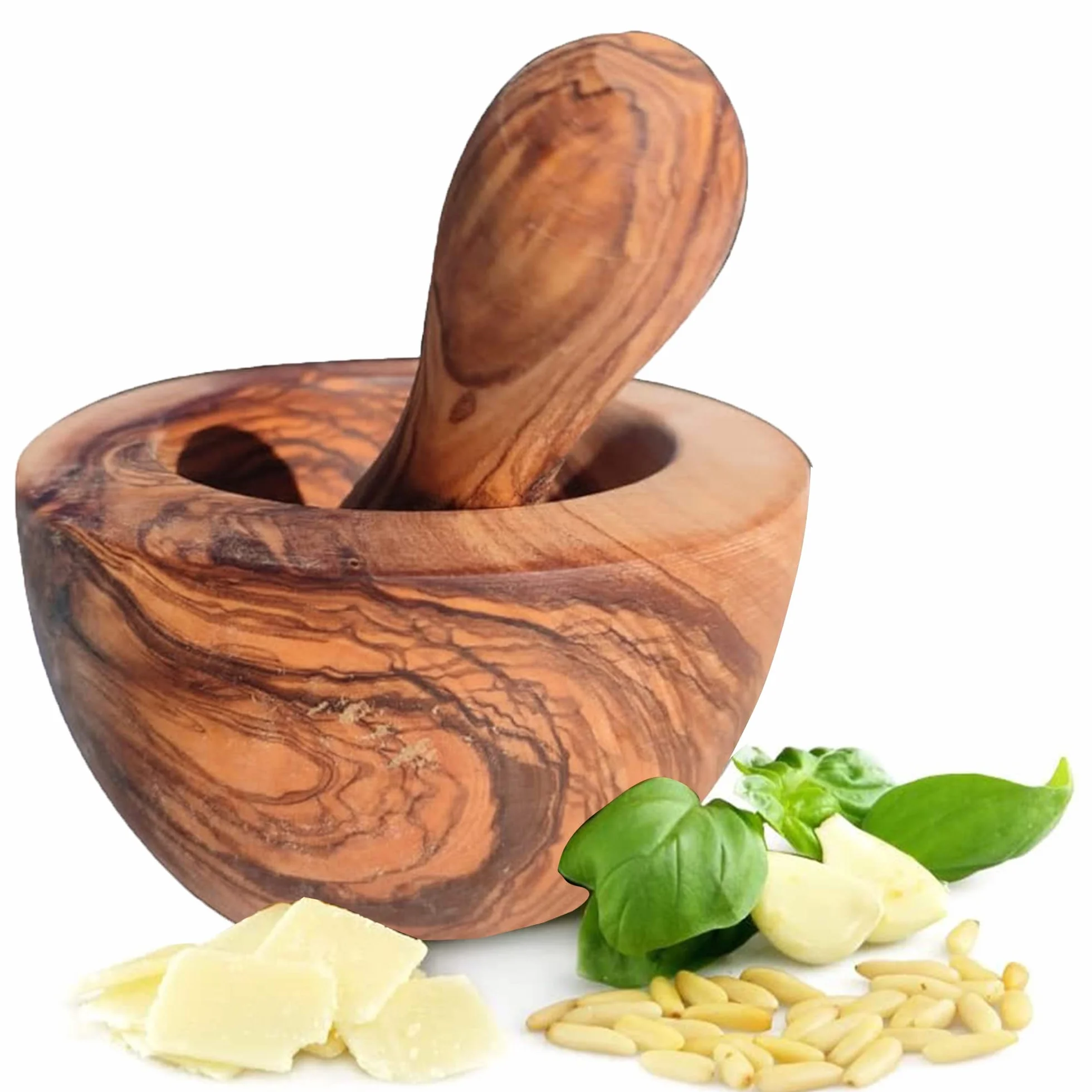Mortaio con pestello in legno di ulivo, mortaio di erbe aromatiche, realizzato a mano con bordo naturale, mortaio da cucina – mortaio sostenibile per erbe aromatiche e spezie, diametro circa (Ø 12 cm)