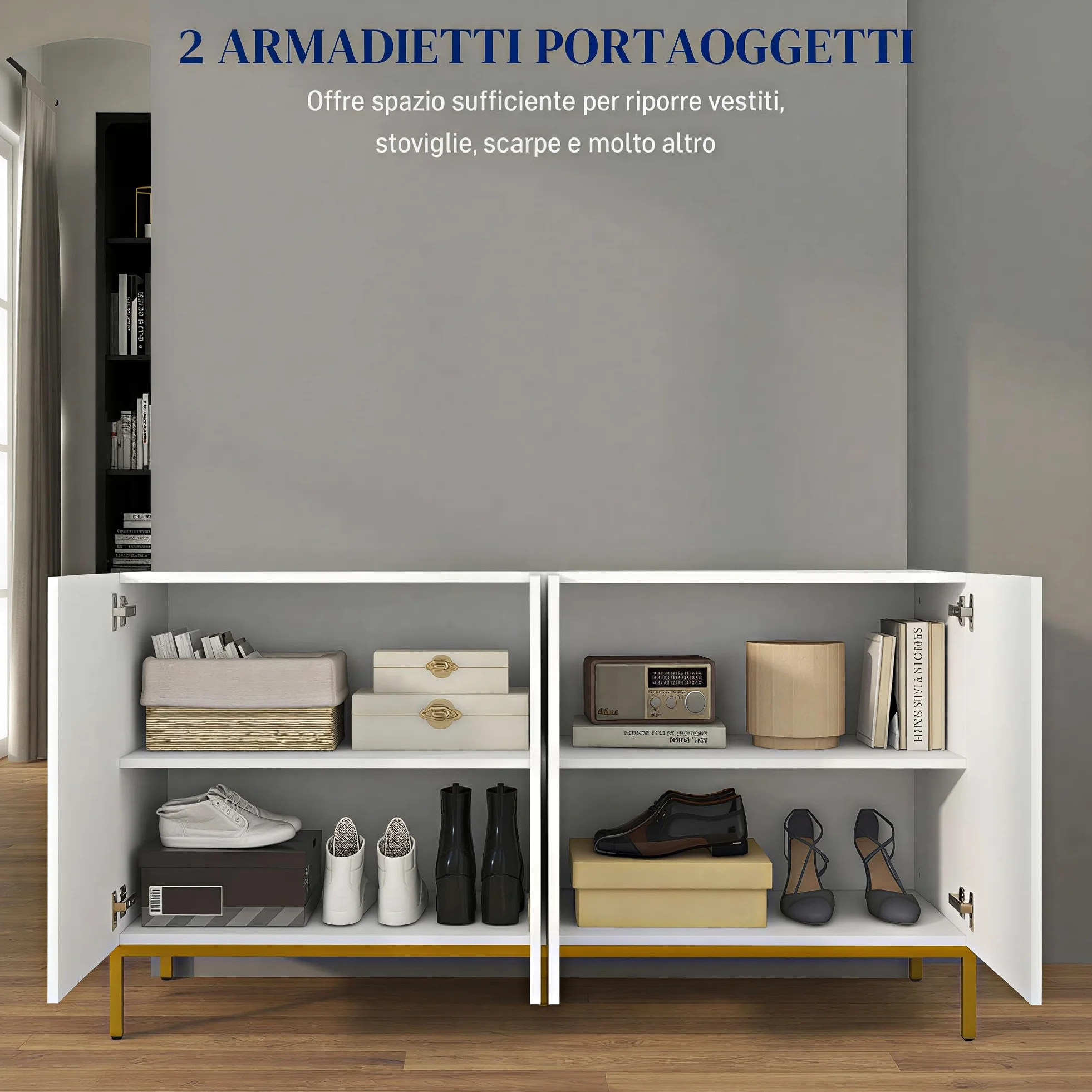 HOMCOM Credenza Moderna con 4 Ante e Mensole Regolabili Mobile da Soggiorno e Salotto con Chiusura Soft Close Bianco e Oro