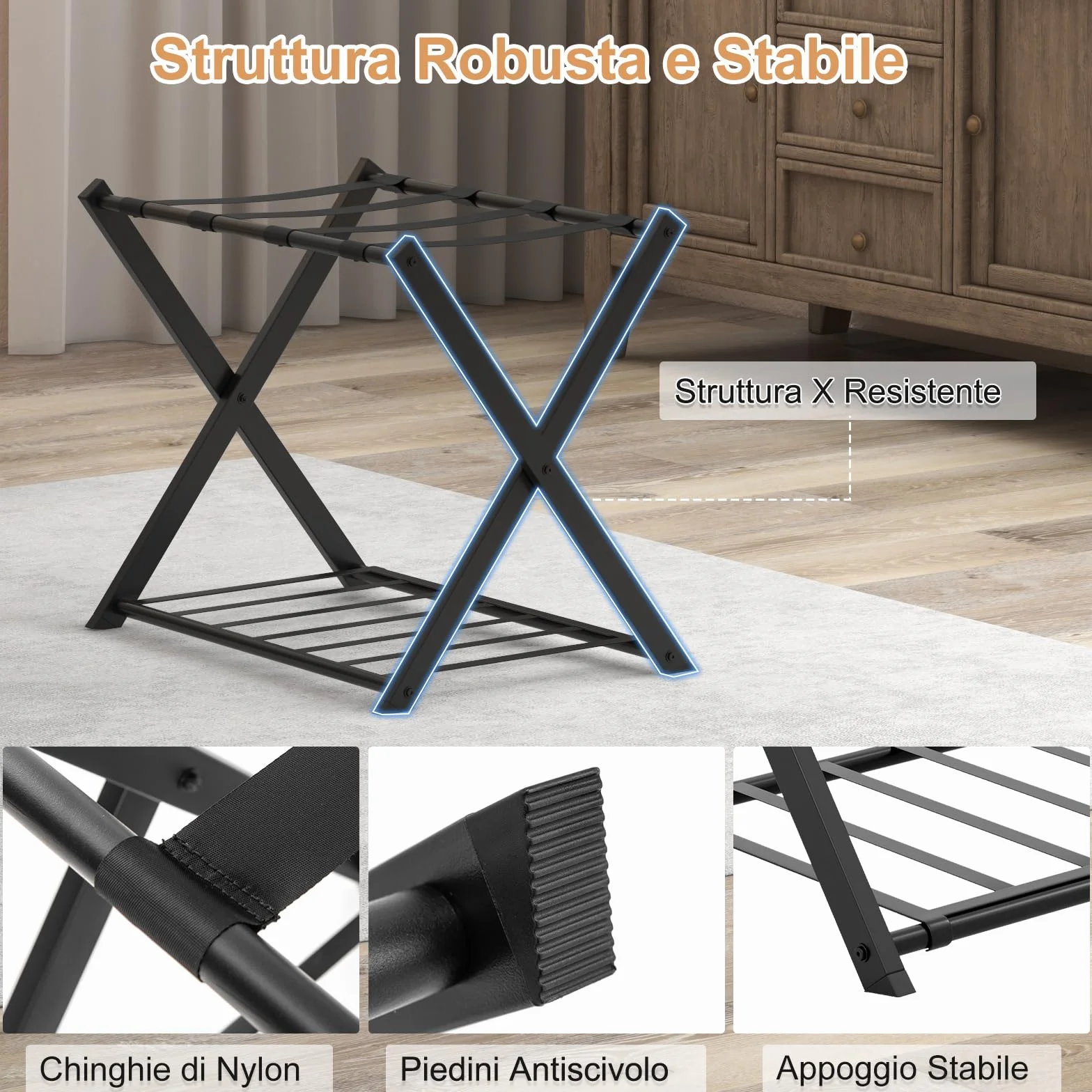 SOARS Portavaligie Pieghevole in Metallo 2 Pezzi 68x45x57 cm Cavalletto Reggivaligie Multiuso con 2 Ripiani Portata 80 kg Nero