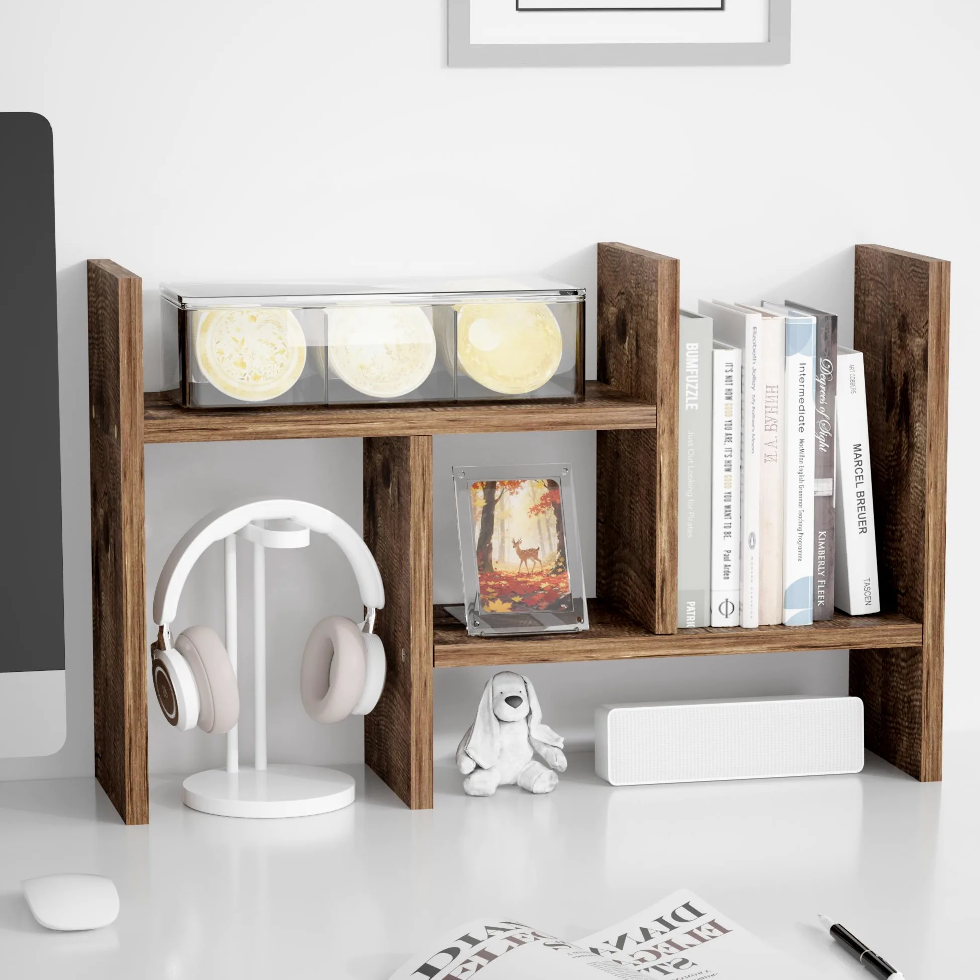 Jerry & Maggie Organizer da scrivania per ufficio, scaffale regolabile in legno, stile libero, doppia H, vero supporto naturale, tono legno naturale