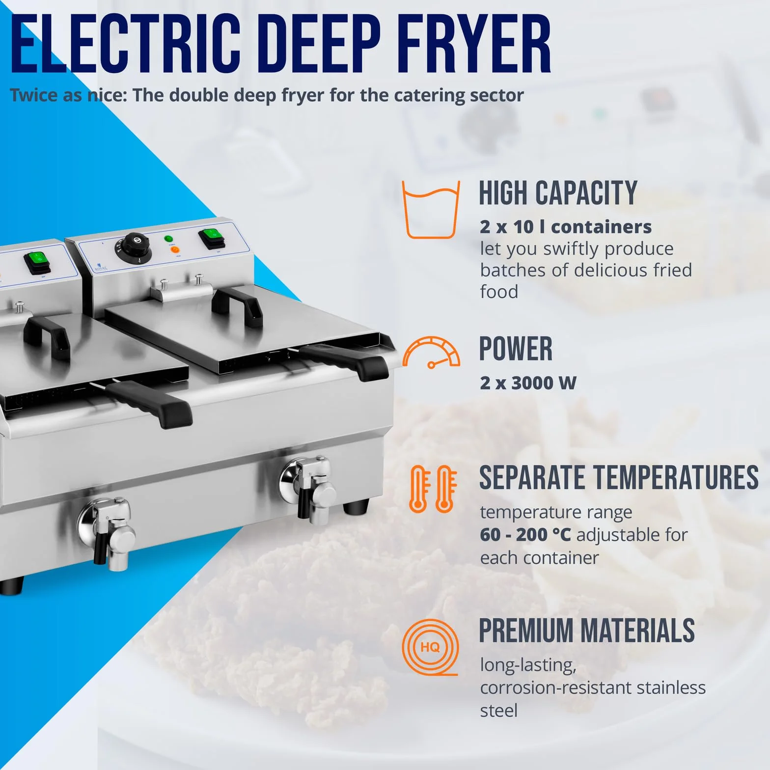 Royal Catering Friggitrice Elettrica con Rubinetti di Scarico RCEF 10DB (2 x 10 L, 230 V, 2 x 3000 W, Acciaio Inox, Plastica)