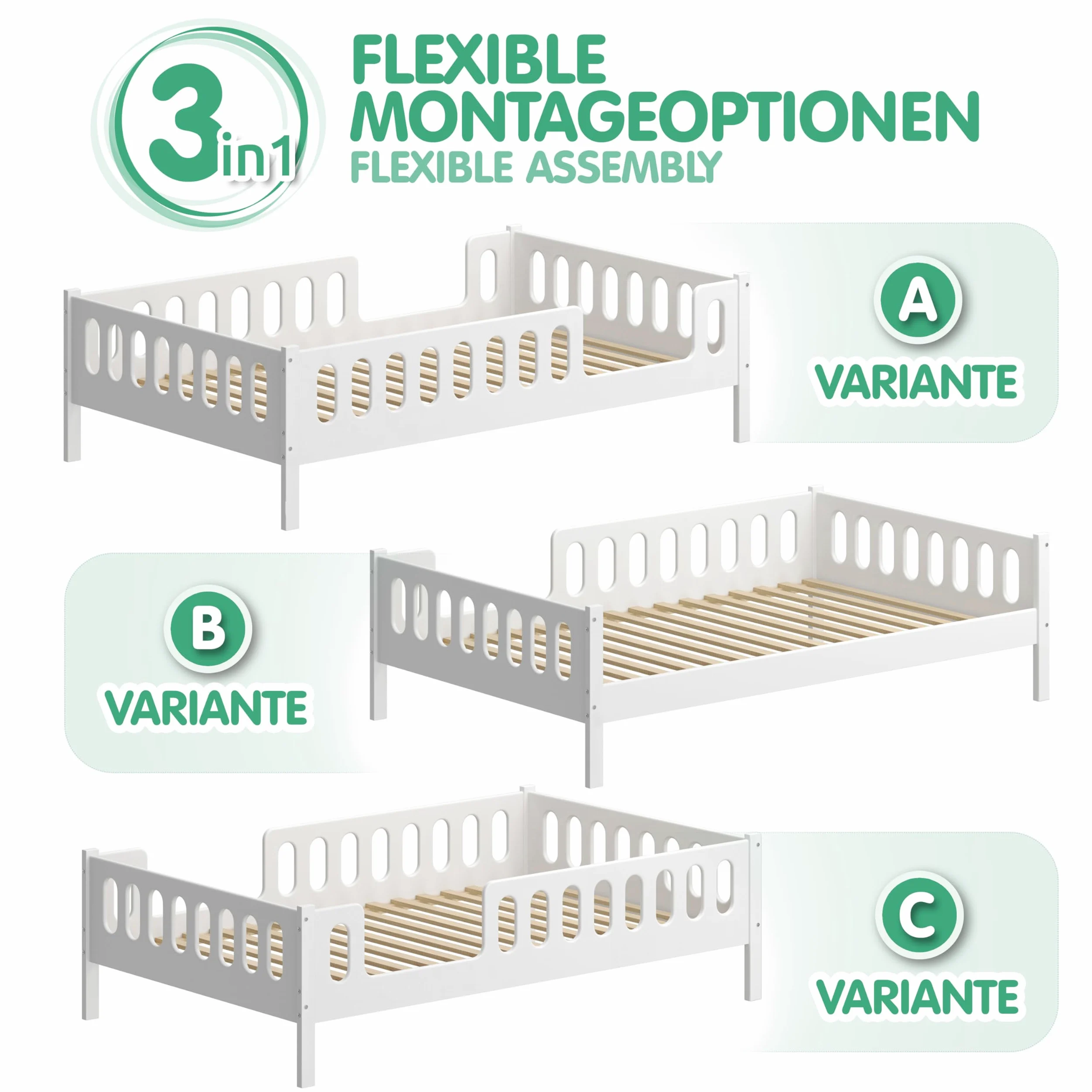 LARS 2 in 1 Letto per bambini Letto per ragazzi 200x90 cm - Bianco, 2 cassetti, Protezione antiribaltamento rimovibile, Convertibile in Letto Junior, Design Montessori, Legno massello, Include doghe