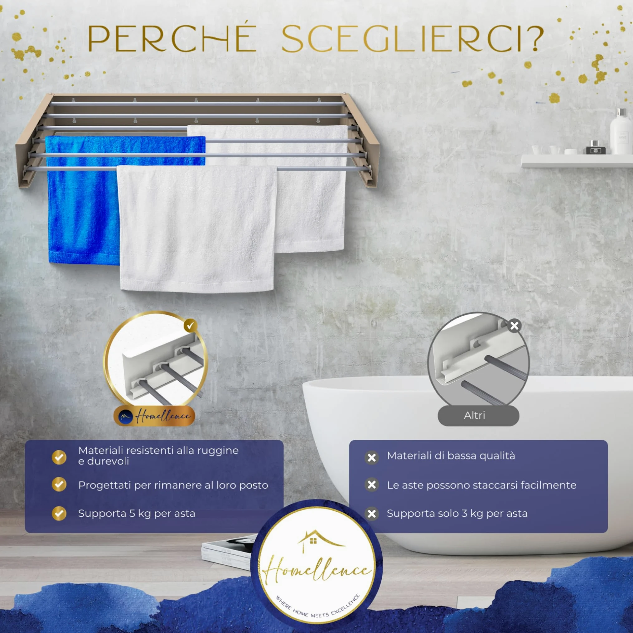Homellence | Stendibiancheria a Parete | Stendino Salvaspazio Pieghevole da Muro | Stendino Estensibile per Interni ed Esterni | Bagno, Lavanderia | Acciaio Inox Resistente (Beige/Cappuccino, 100 cm)
