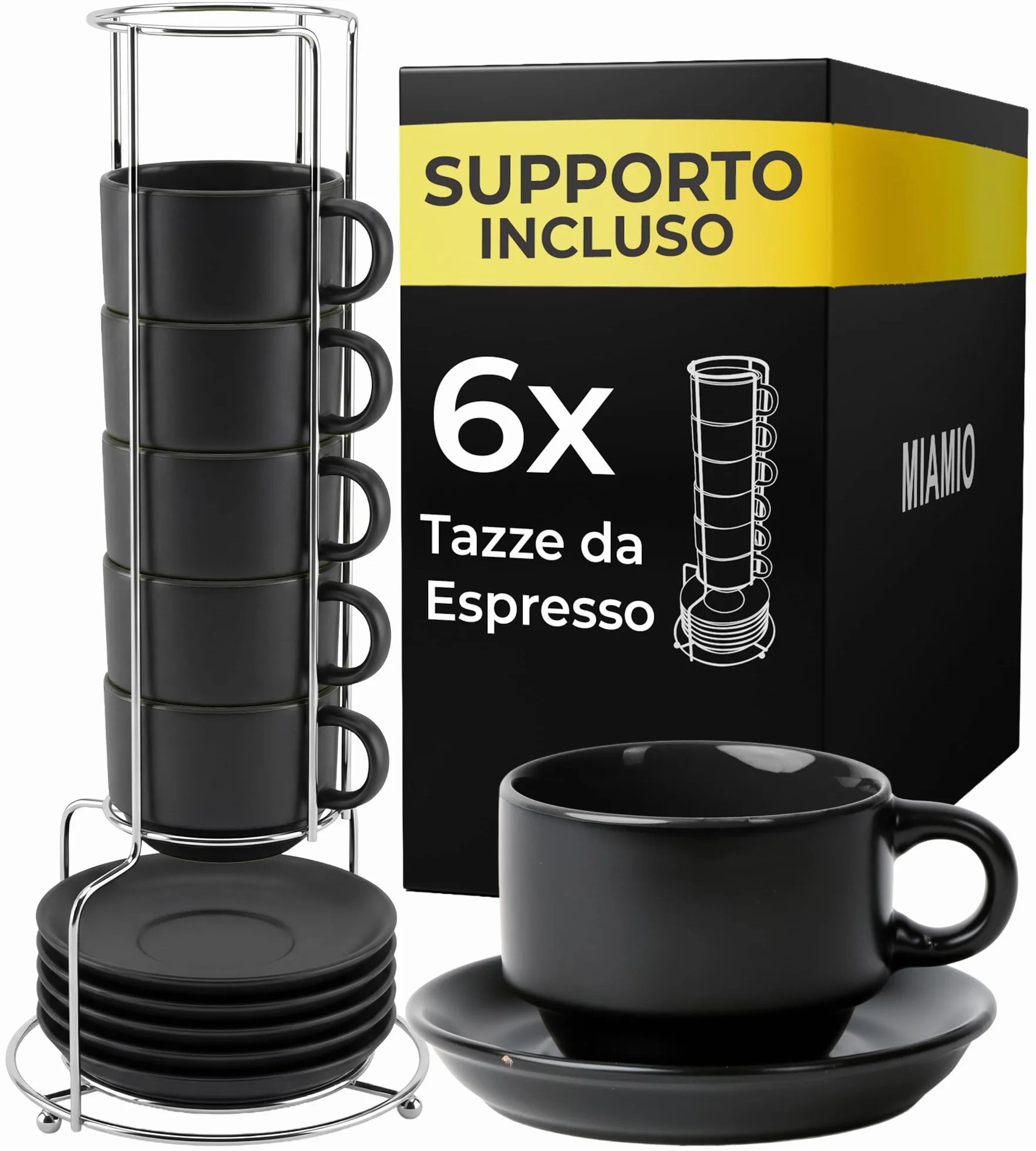 Le Papillon Collezione Set di Tazze da Caffè in Ceramica 6 x 75 ml Espresso Tazzina Impilabile Nero