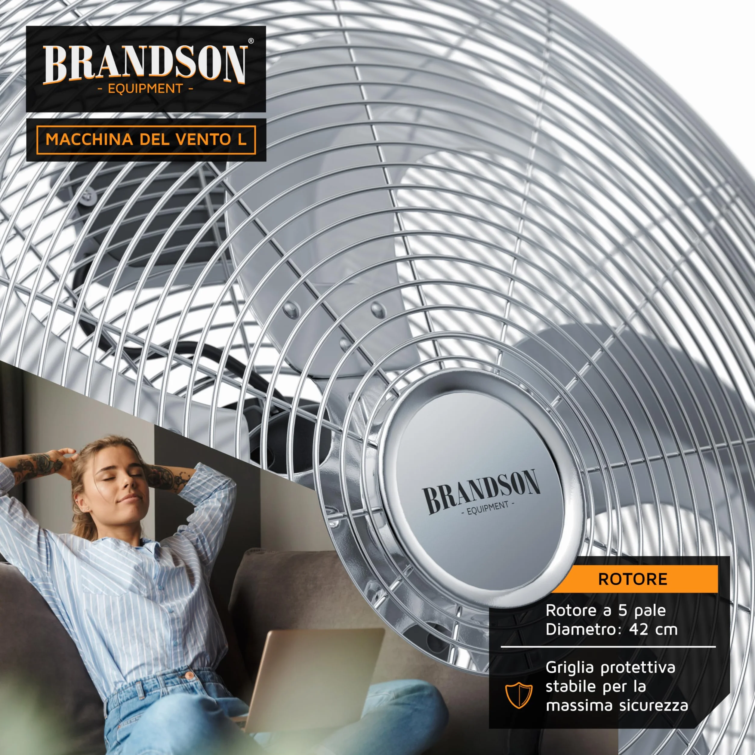 Brandson - Macchina del vento - L'originale Super ventilatore - Largo 53,5cm - 3-livelli di potenza - 120W di potenza max assorbita - Design Retro - Cromo