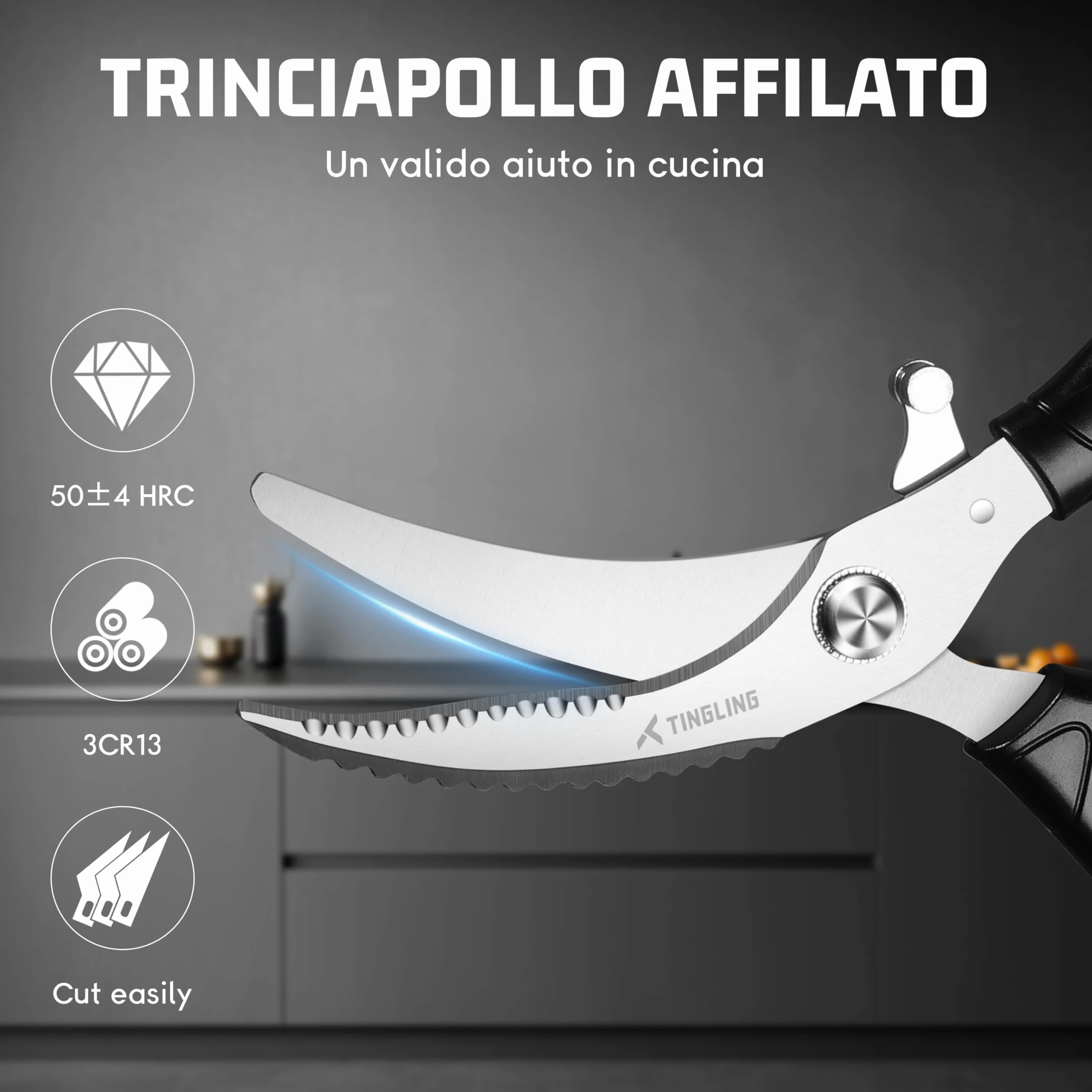 Forbici da Cucina Professionali: Trinciapollo Affilate Con Blocco di Sicurezza e Molla, Adatte per Pollo, Pesce, Carne, Ossa e Verdure