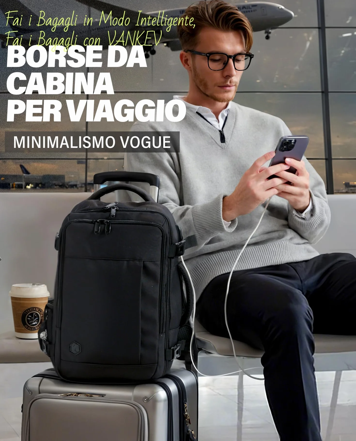 VANKEV Zaino Ryanair 40x20x25 Bagaglio a Mano 20L 14 Pollici Nero