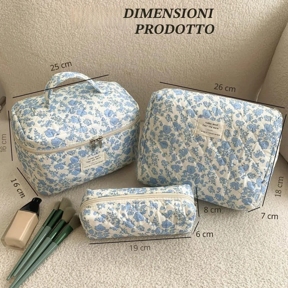 Aucuu Beauty Case 3 Pezzi Floreale Grande Capacità Borsa da Toilette Trapuntata Viaggio Cotone Morbido Makeup Bag Organizer
