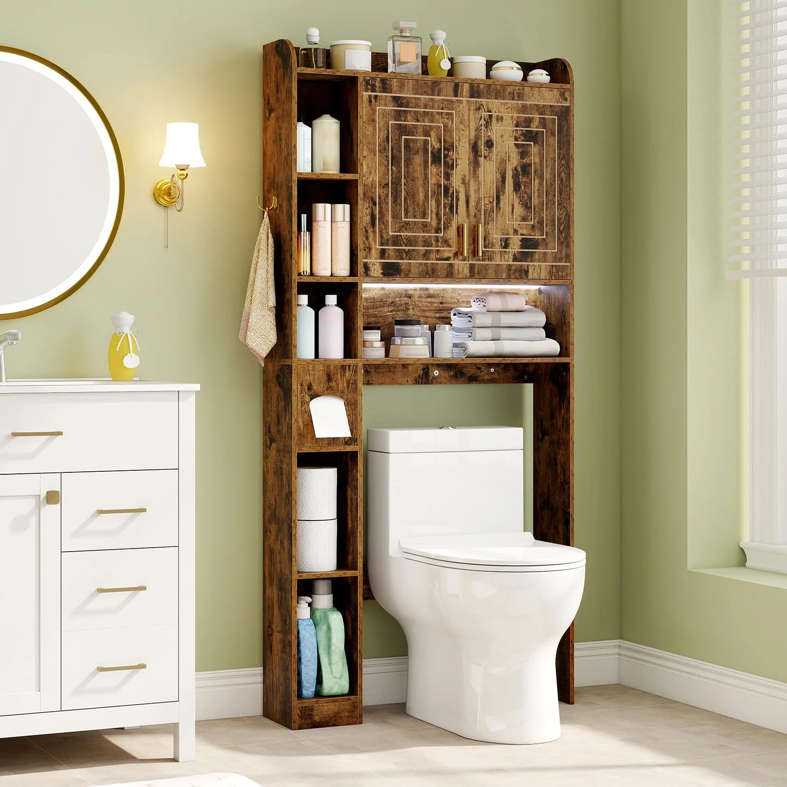 COSTWAY Mobile da Bagno Sopra WC, Scaffale Salvaspazio con Armadietto a 2 Ante, 6 Scomparti Aperti, Porta Fazzoletti, Gancio e Ripiano Regolabile, Mobiletto per Bagno e Lavanderia (Marrone)