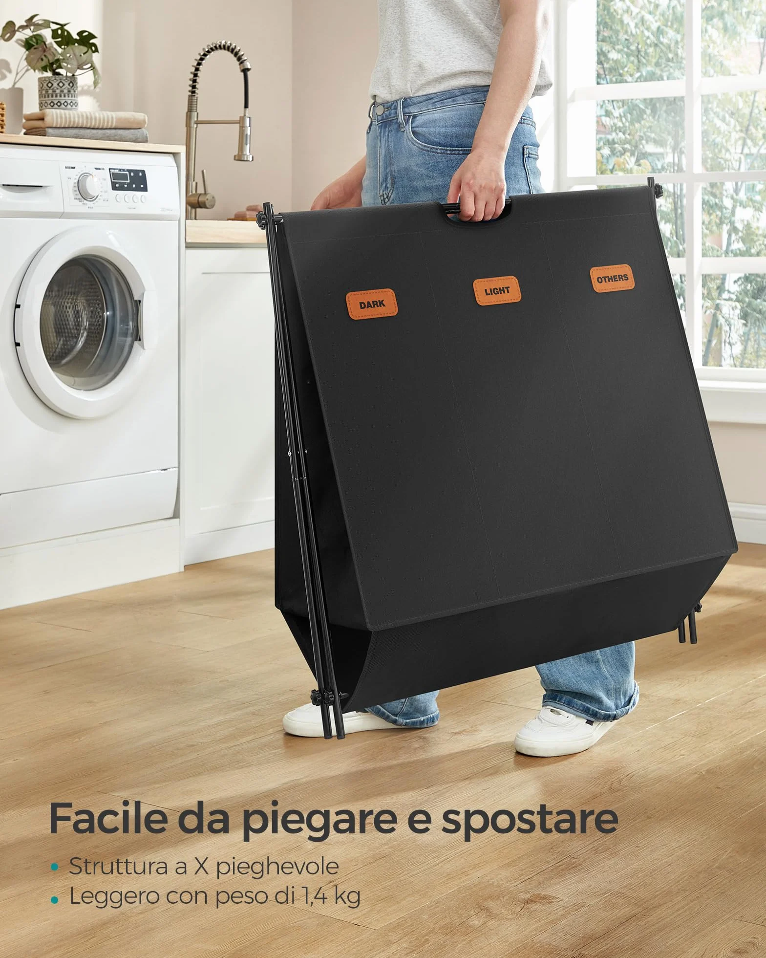 SONGMICS Cesto Portabiancheria, Porta Biancheria Sporca da 135 L, 3 Scomparti, Struttura Pieghevole a X, con Etichette, per Lavanderia Bagno Camera da Letto, Nero Inchiostro LCB130B01