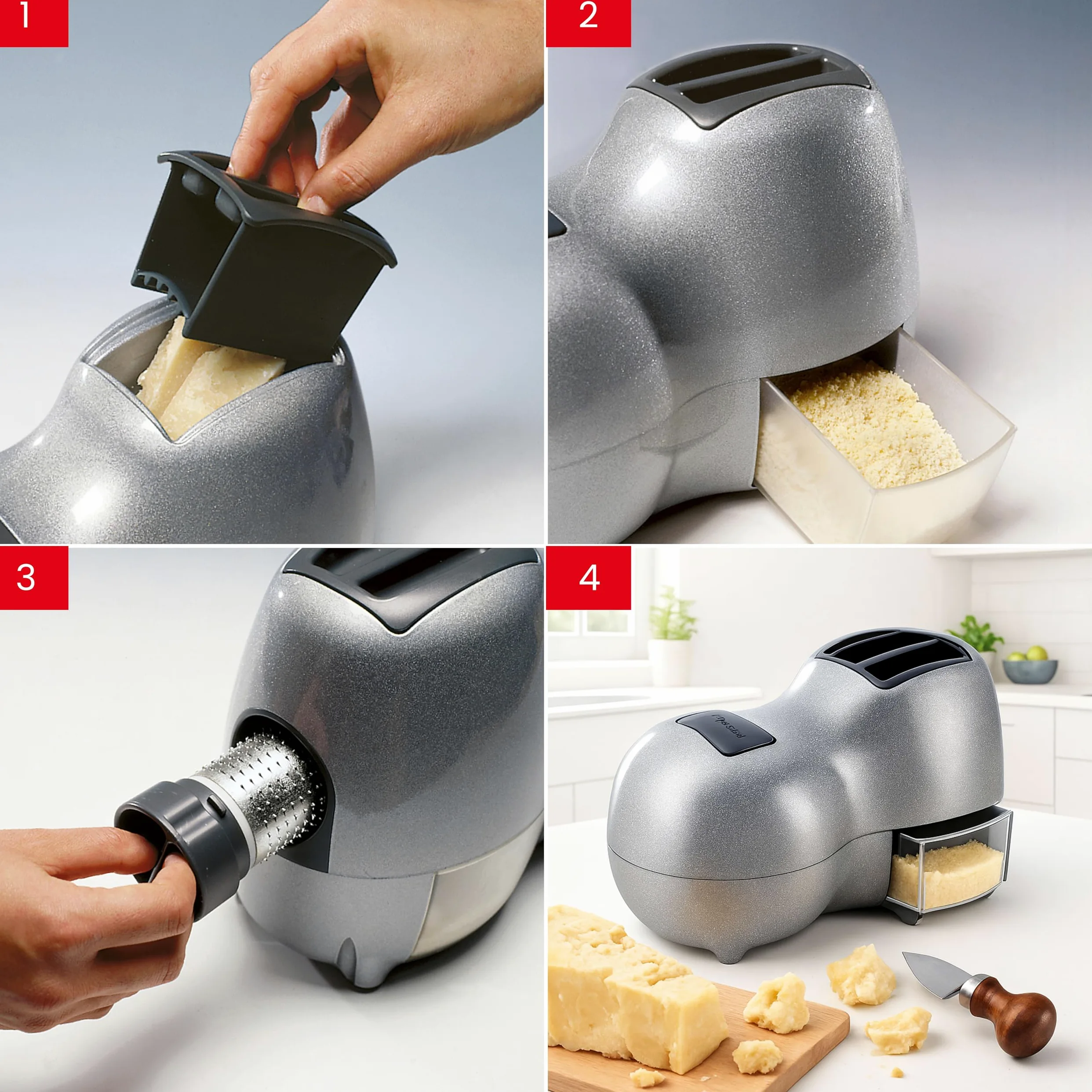 Reber Grattugia Elettrica per Formaggio 140W - Ideale per Parmigiano, Pane Secco, Cioccolato e Frutta Secca - Uso Continuo senza Soste - Facile da Pulire - Fido Silver