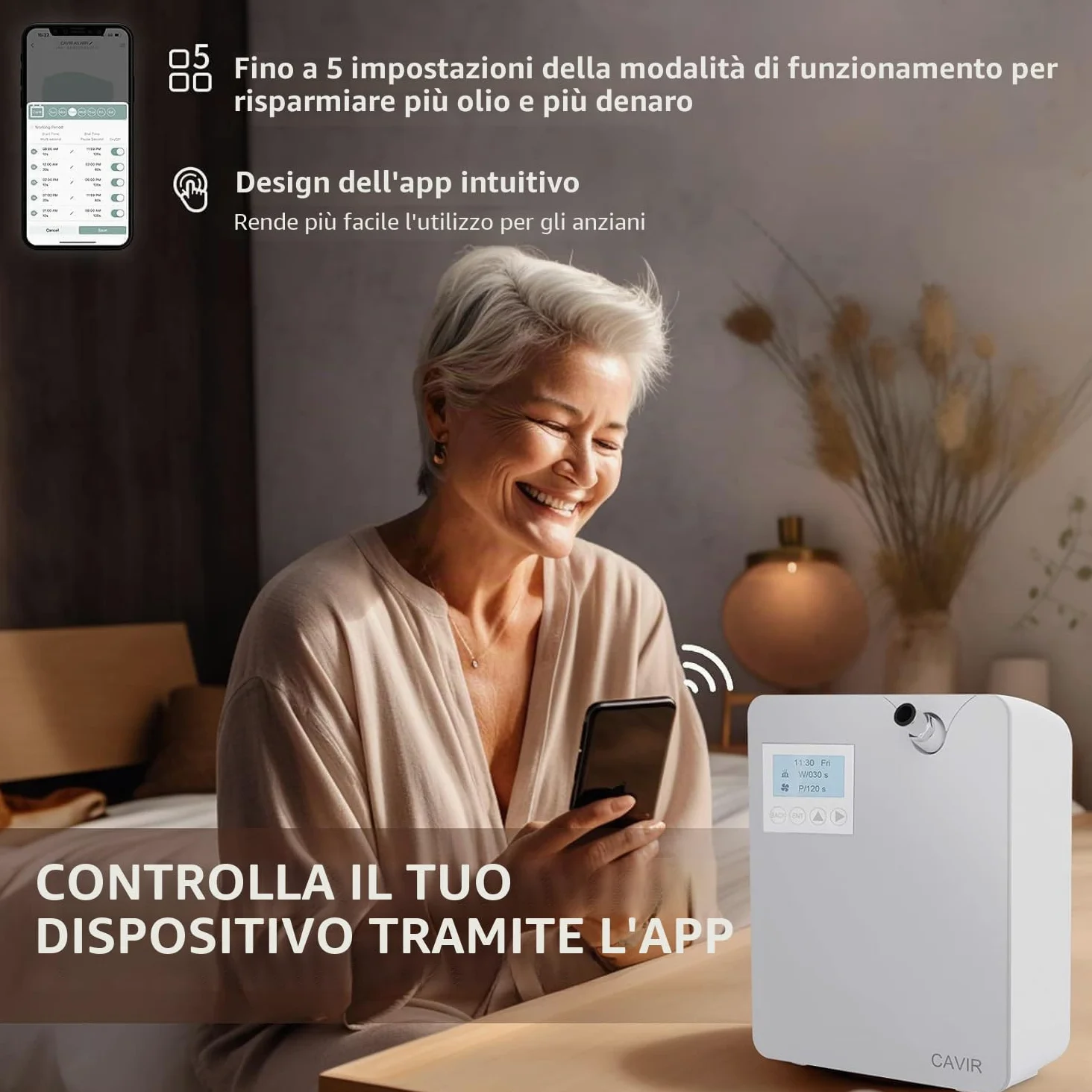 Cavir Diffusore di oli Essenziali, 300 mL Tecnologia di Nebulizzazione Senza Acqua, copertura di 2000 piedi quadrati, compatibile con sistemi HVAC