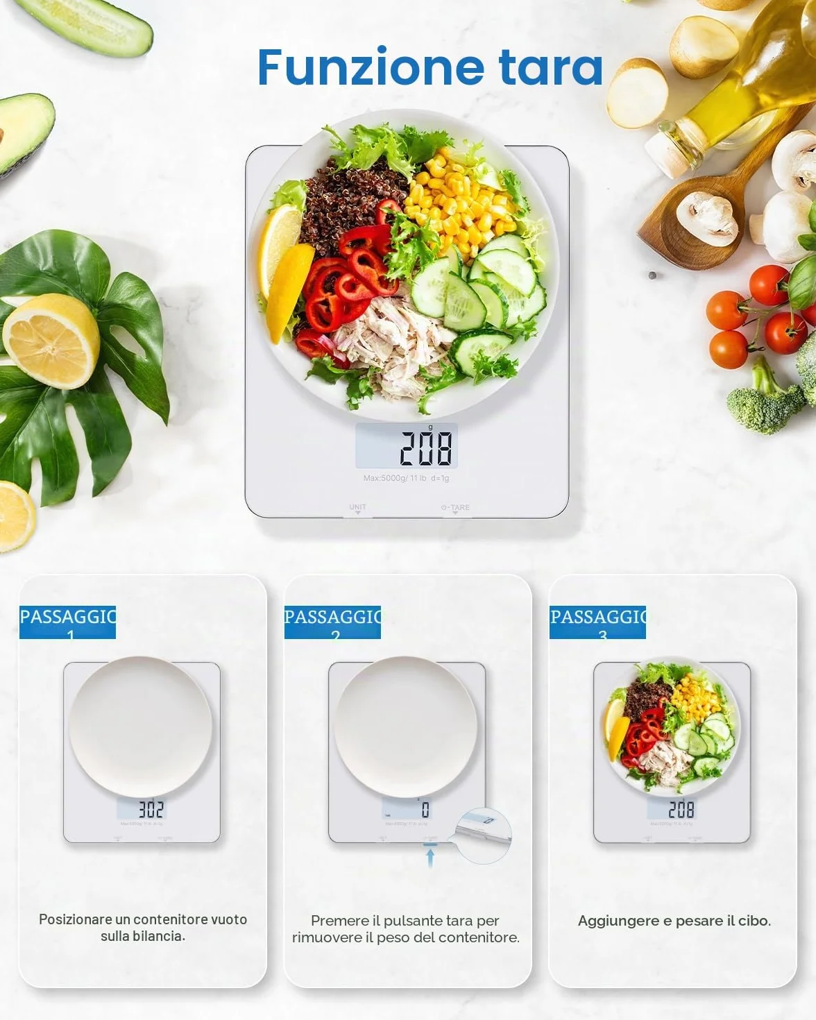 RENPHO Bilancia da Cucina Digitale, Bilancia Elettronica per Alimenti per Cottura e Caffè, Apparecchio Bilancia da Cucina per Keto, Macro, Calorie e Perdita di Peso con App per Smartphone, Bianco