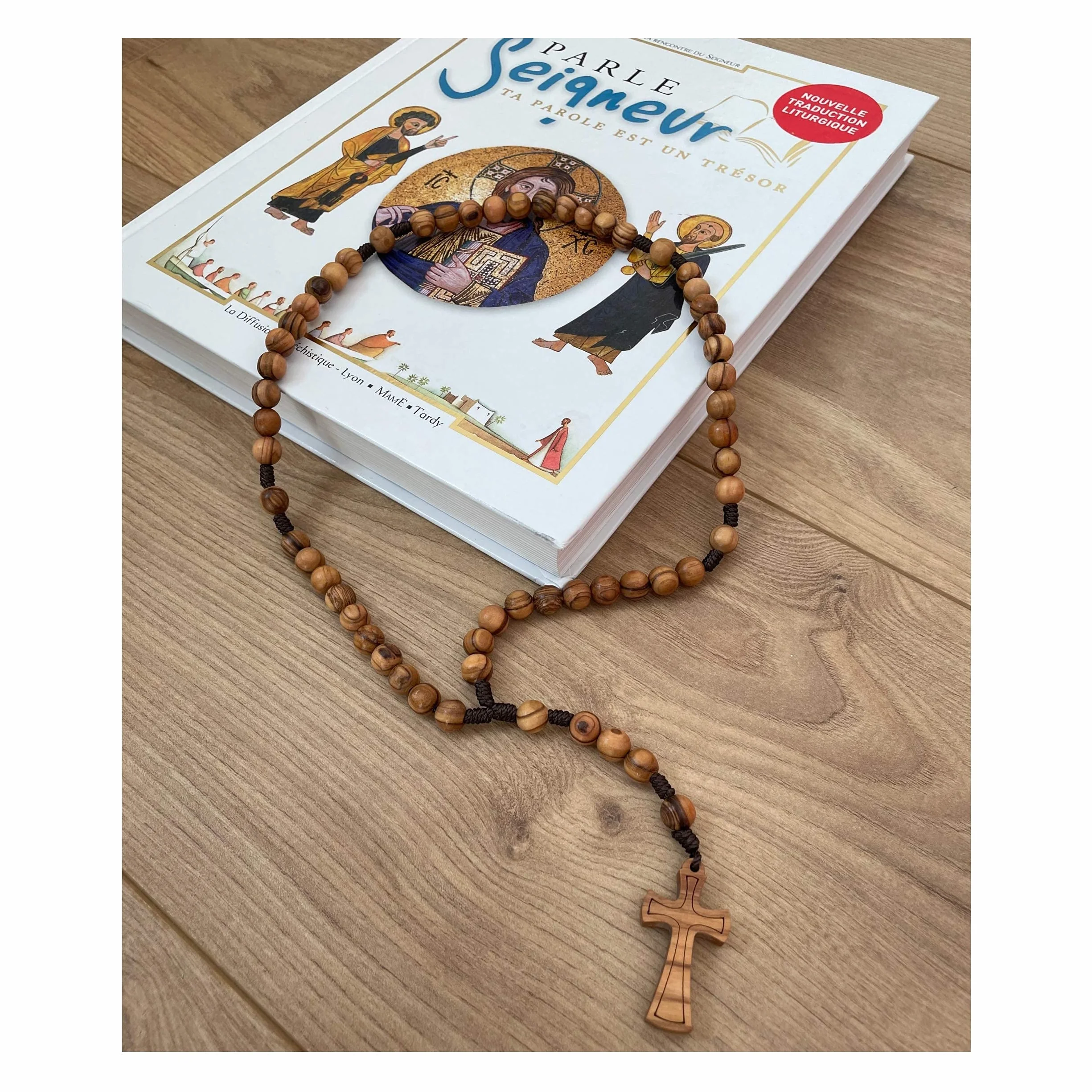 rosario in legno d'ulivo fatto a mano a Gerusalemme, rosario in scatola di carta Kraft con crocifisso, regalo battesimo, comunione, feste cristiane, nascita, compleanno, protezione auto, casa