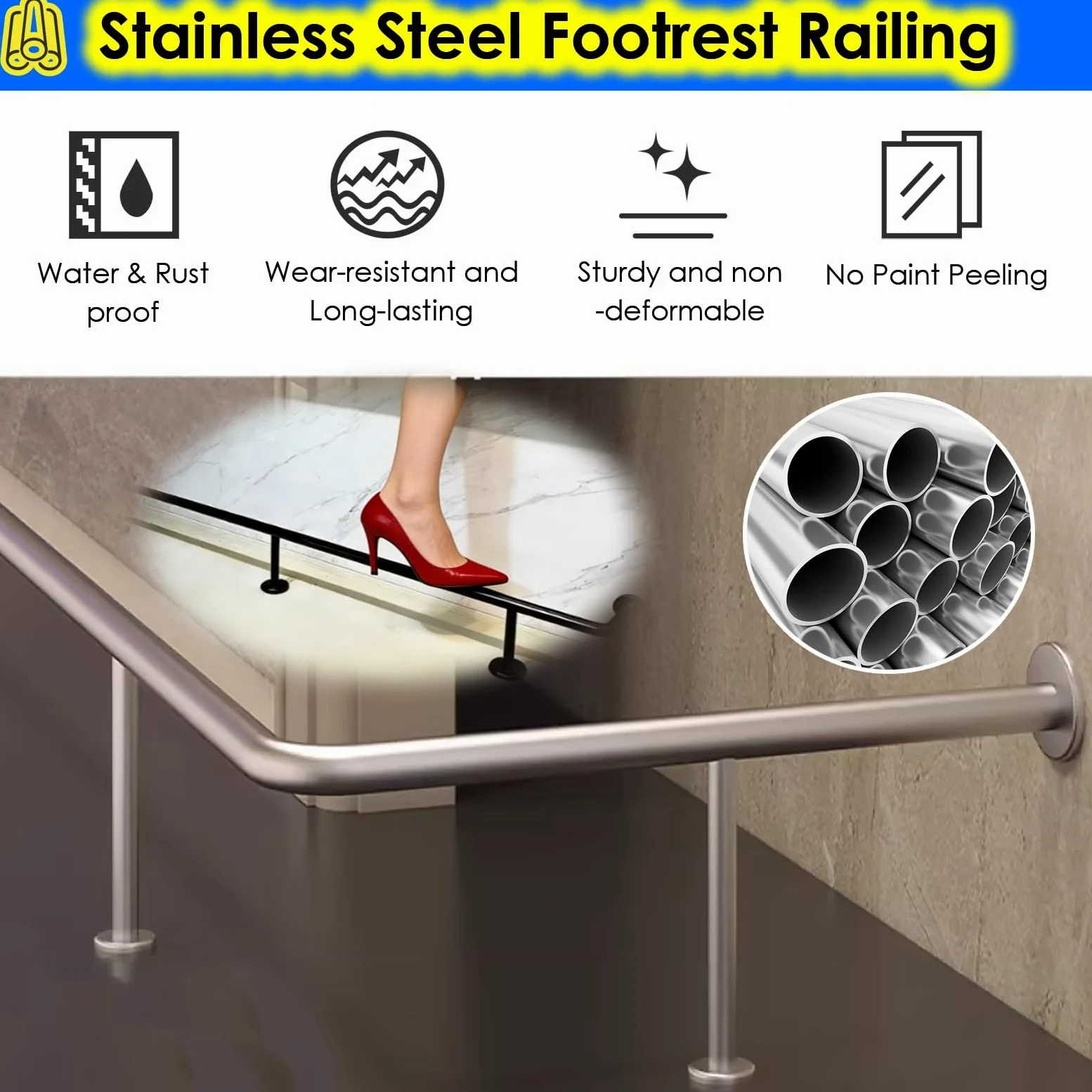 Poggiapiedi da Bar, Kit modulare Regolabile in Acciaio Inox per Isola Cucina - da 3 a 3,8 Metri con Tubi, staffe e connettori - Poggiapiedi Resistente per banconi di Vendita e Casse.