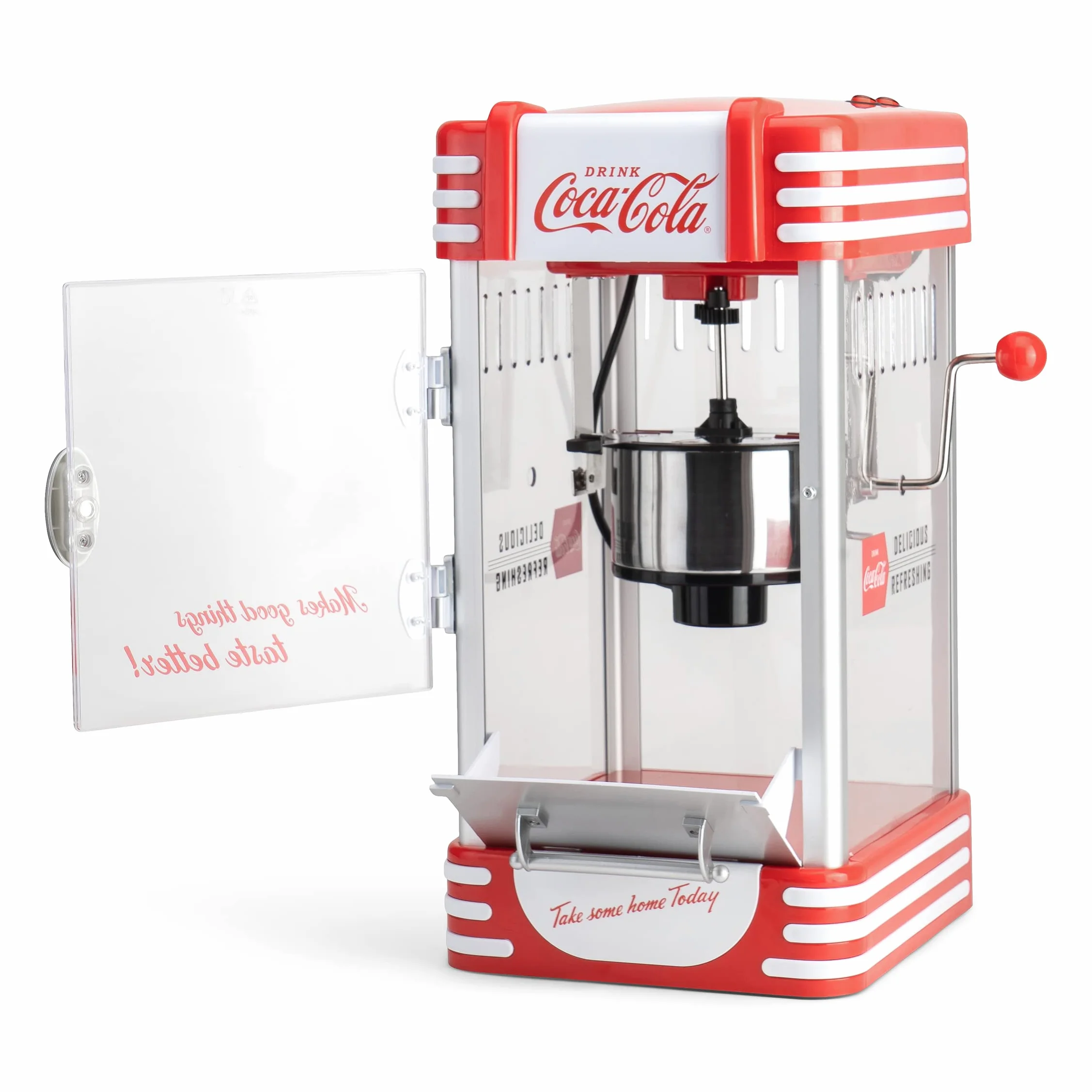 Salco Coca-Cola - Macchina per popcorn popcorn in stile retrò rosso (anni 50), caldaia in acciaio inox con rivestimento antiaderente, sistema di agitazione integrato, illuminazione e avvolgicavo