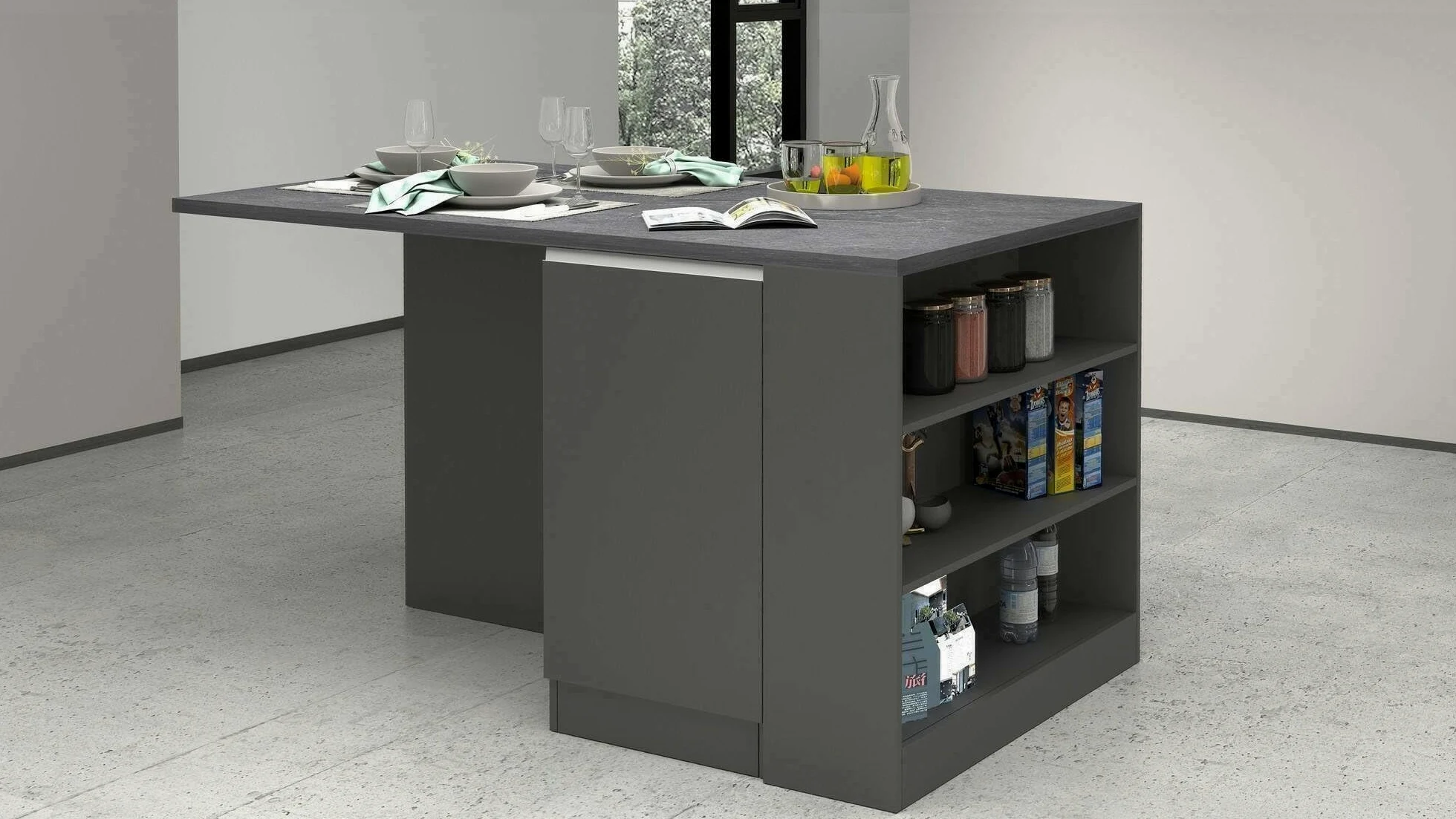 Dmora - Isola da cucina Osvaldo, Armadio multiuso, Mobile per cucinotto, Tavolo ausiliario, 100% Made in Italy, 160x90h90 cm, Antracite e Ardesia