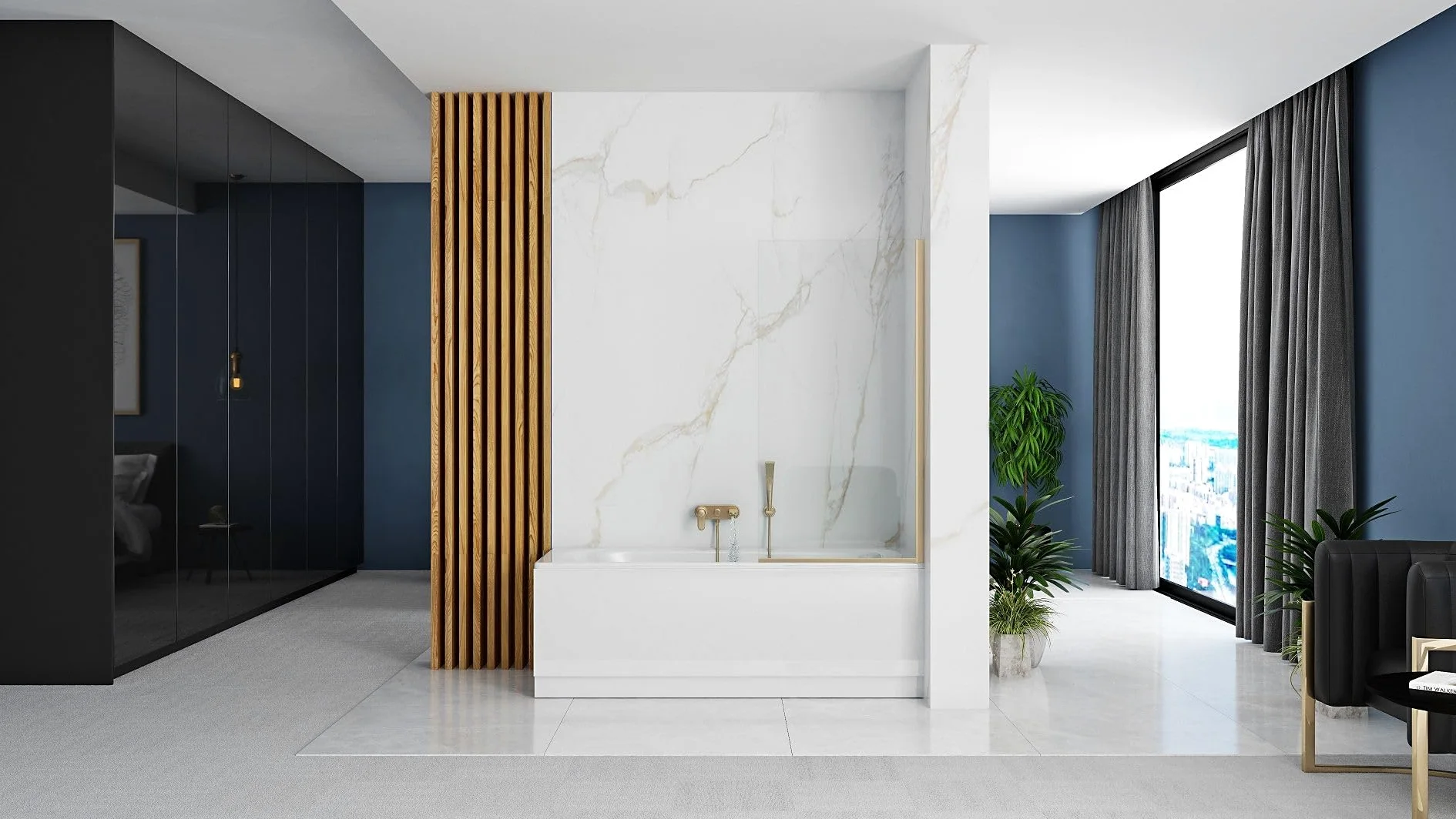 Rea - Parete Vasca Elegant Gold 80 X 140 cm Sopravasca A Parete, Vetro Di Sicurezza 5 mm (Finitura Profilo: Oro Chiaro)