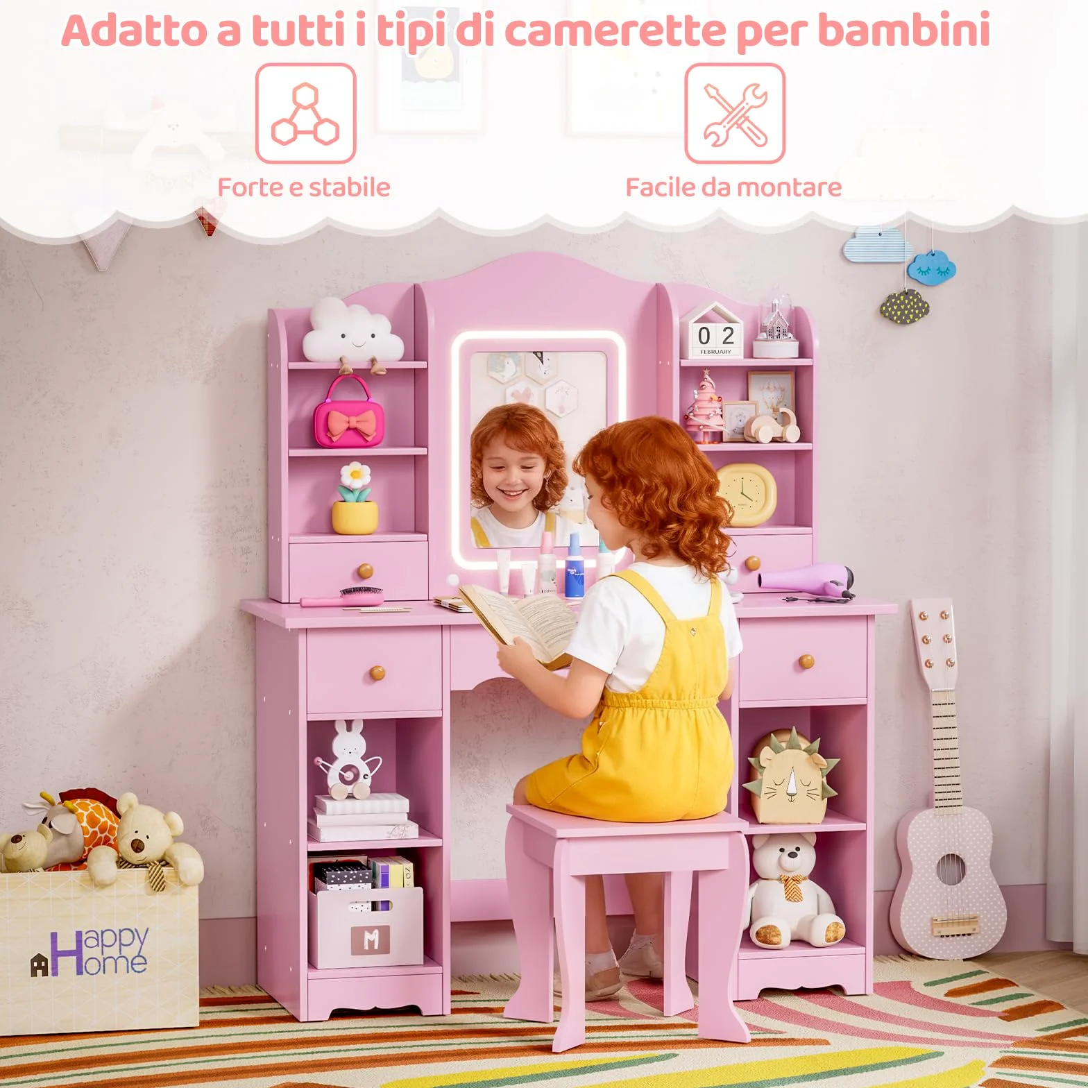 MAMIZO Toeletta Trucco Bambina con Sgabello LED, Toeletta per Bambini con Sedia, 5 Cassetti e 10 Scomparti Portaoggetti, 3 Modalità di Illuminazione Regolabili, 95x34x118cm, Rosa