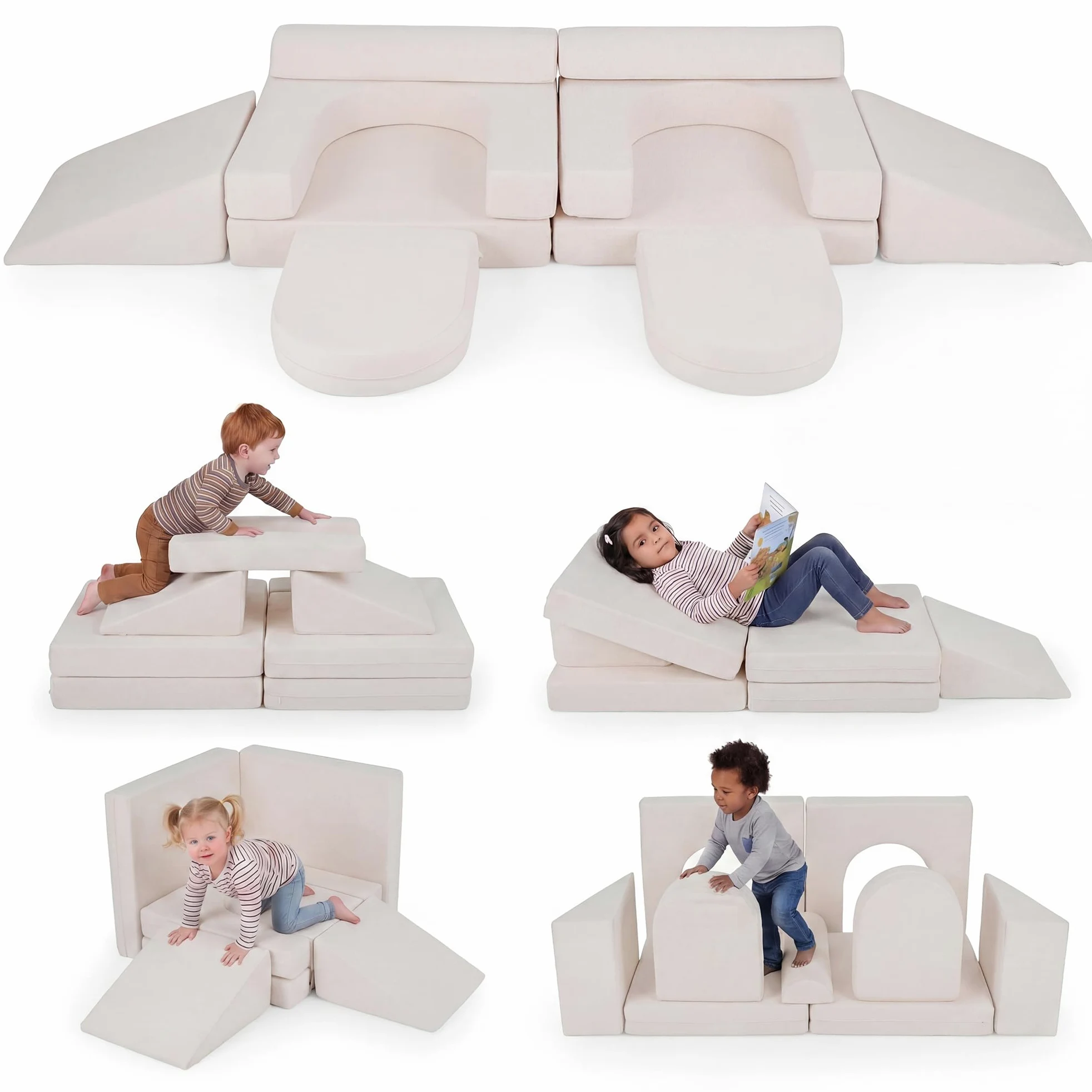 LIFEZEAL Divano Modulare per Bambini, Set di 10 Blocchi di Costruzione in Schiuma con Diverse Forme, Divano da Gioco Convertibile con Fodere Lavabili in Lavatrice per Bmabini 3+ Anni (Beige)