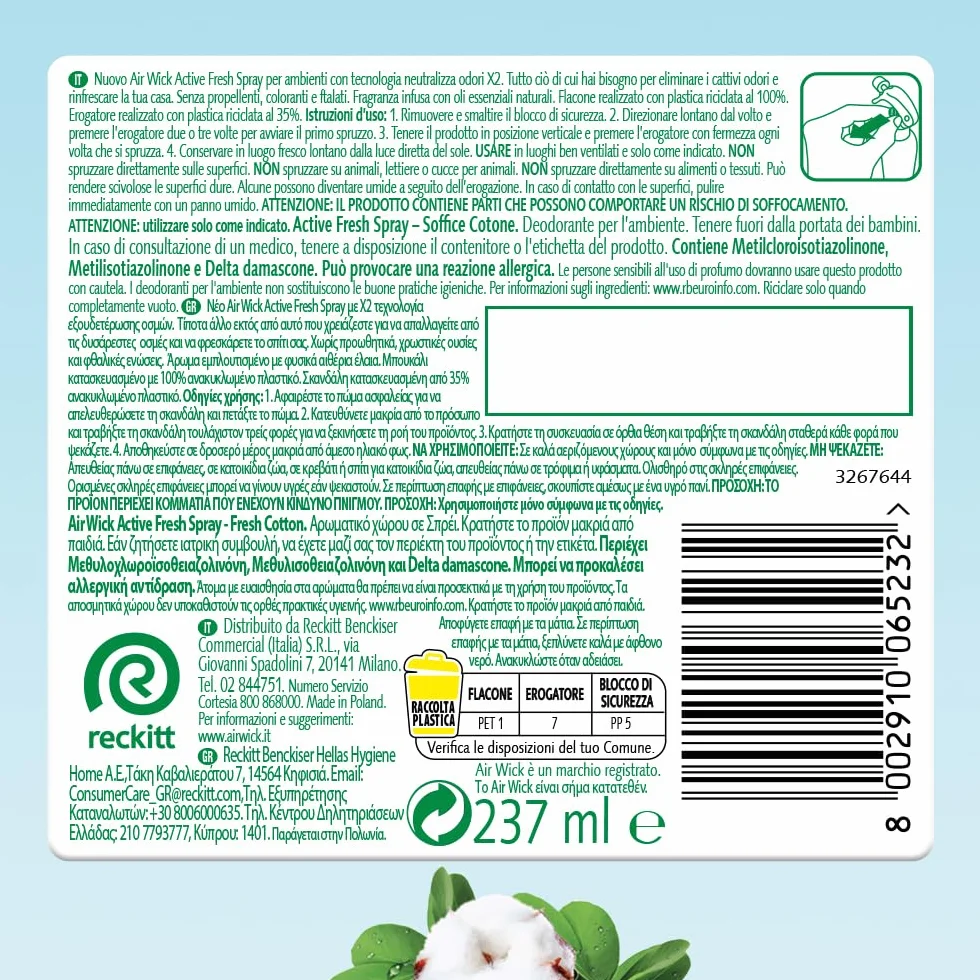 Airwick Profumatore per Ambienti, Confezione da 8 Spray da 250ml, Spray Active Fresh al Profumo di Cotone, Deodorante Ambiente