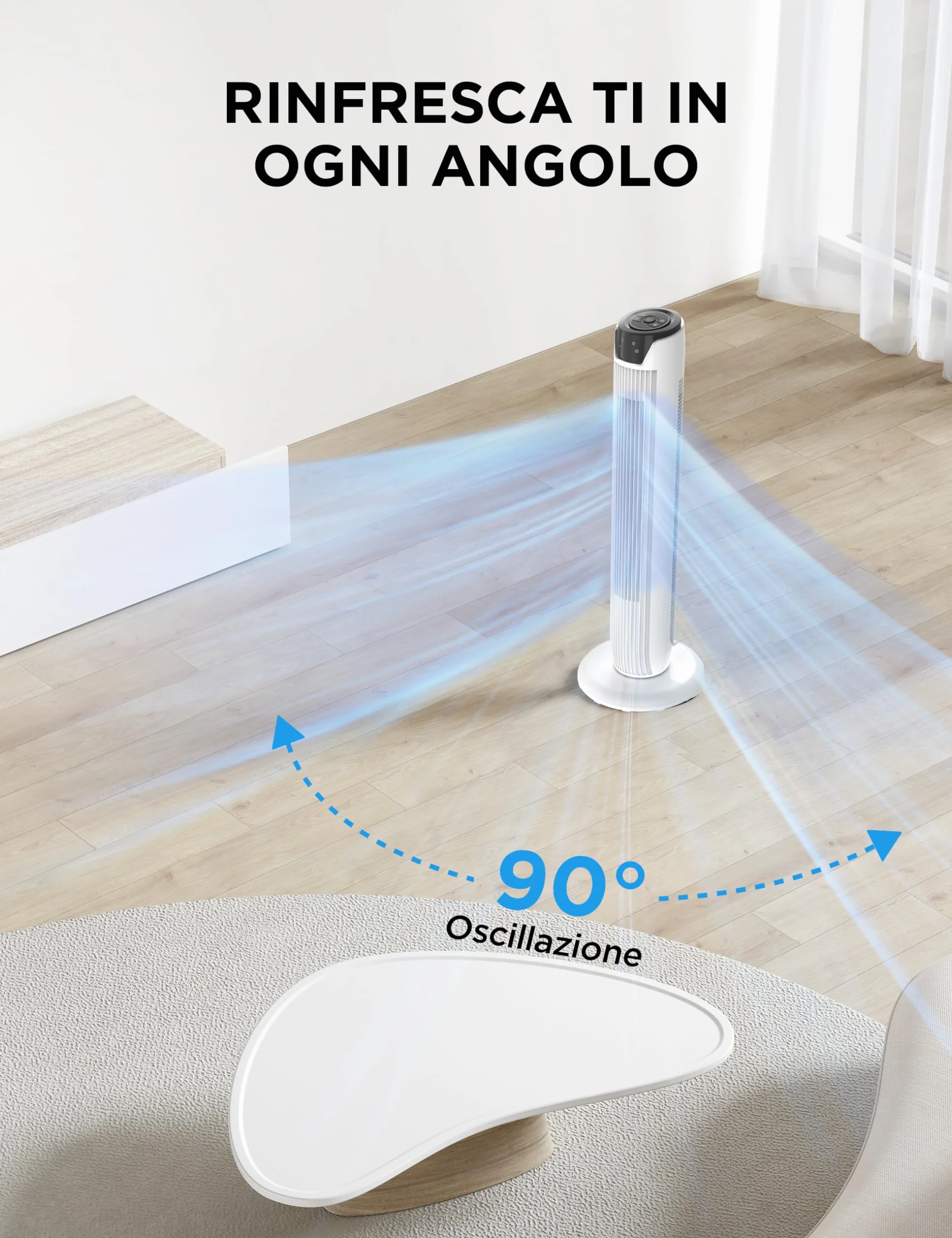 Midea Ventilatore Torre con Telecomando FZ10-17JRSE(WH) Flusso d’Aria 7 m/s, Oscillazione 90°, 3 Velocità e 3 Modalità, Timer 7h, Motore 45W, Silenzioso