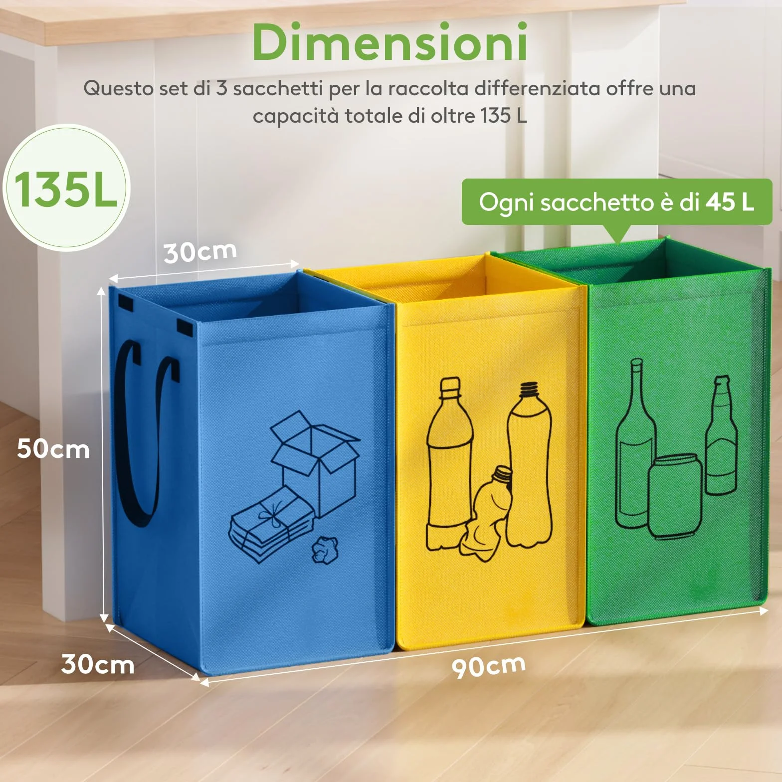 Lifewit Set di 3 Borse Raccolta Differenziata 45 L, Bidoni Differenziata Interno in 3 Colori, Raccolta Differenziata Esterno per Carta, Plastica, Vetro e Bottiglie