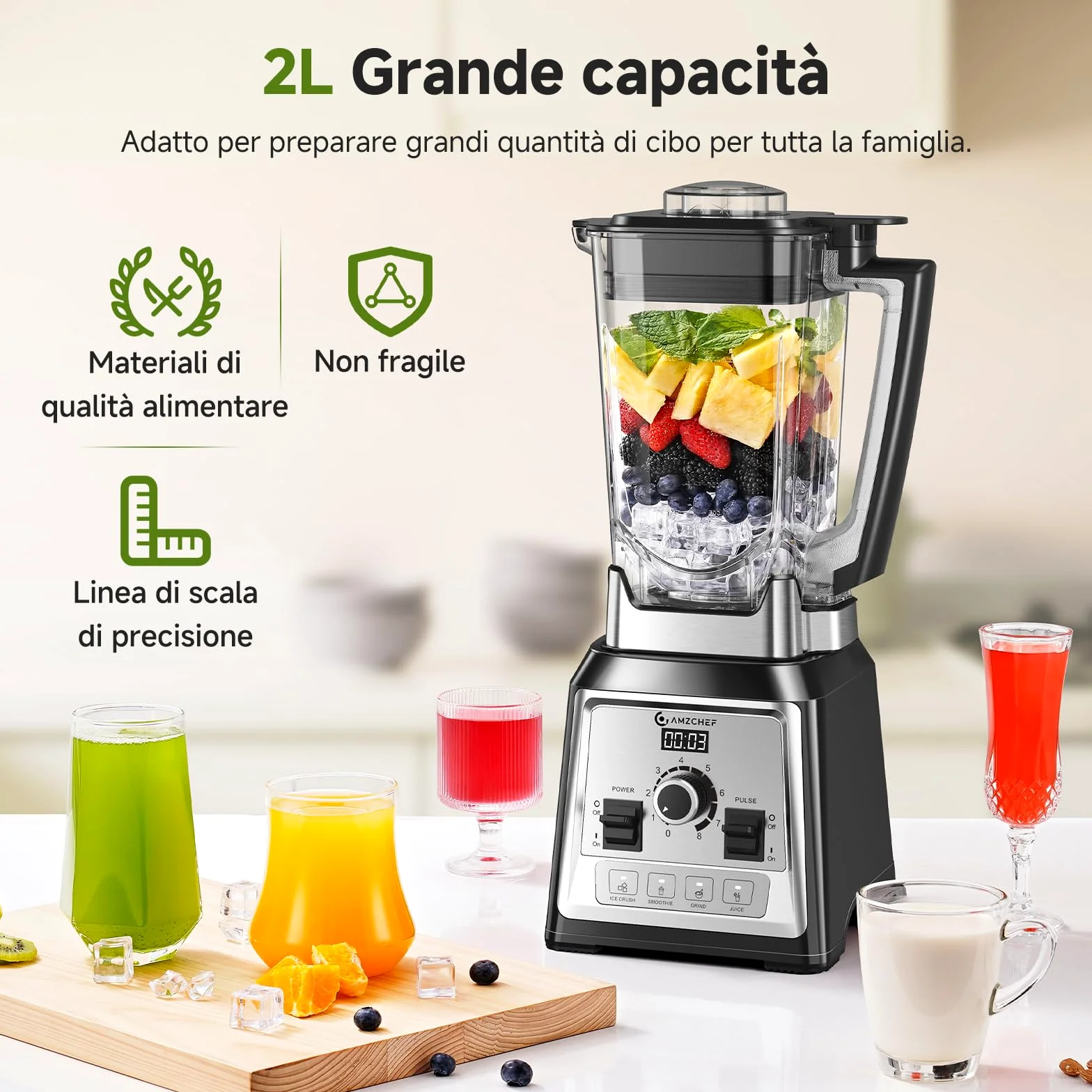 AMZCHEF Frullatore da 2000 Watt, 2 litri, frullatore potente con 8 velocità regolabili e 4 programmi preliminari per ghiaccio tritato, frullati, frullatore per carne, senza BPA