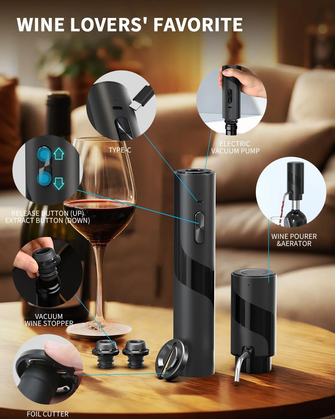 CIRCLE JOY Cavatappi Elettrico Set regalo, Apribottiglie Ricaricabile 2 in 1, Aeratore Versatore Vino, Tappi a vuoto USB