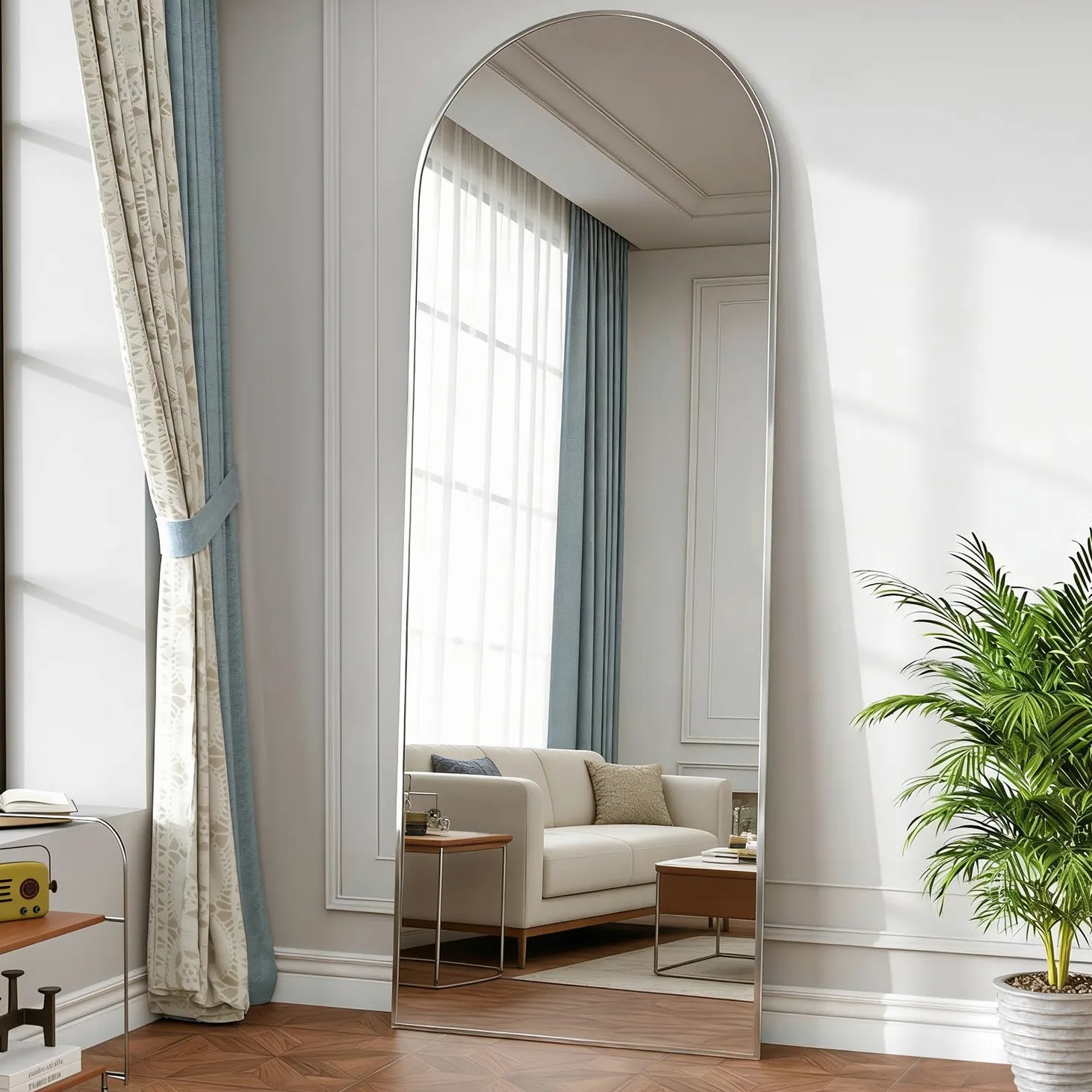 Specchio a figura intera, 162 x 53 cm specchio da pavimento con supporto, specchio ad arco Argento da terra o da appoggio per camera da letto e soggiorno