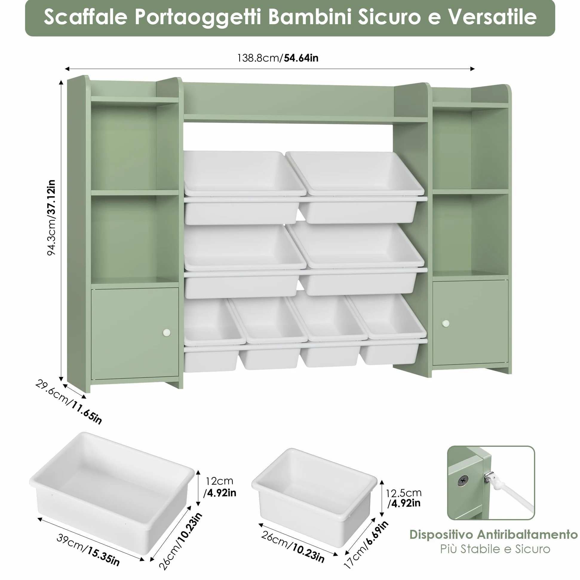 FOREHILL Scaffale per Giocattoli con 8 Contenitori Rimovibili in Plastica,Organizzatore Libreria per Bambini con Mensola Aperti, per Camera dei Giochi, 138.8 x94.3x29.6cm (Verde)