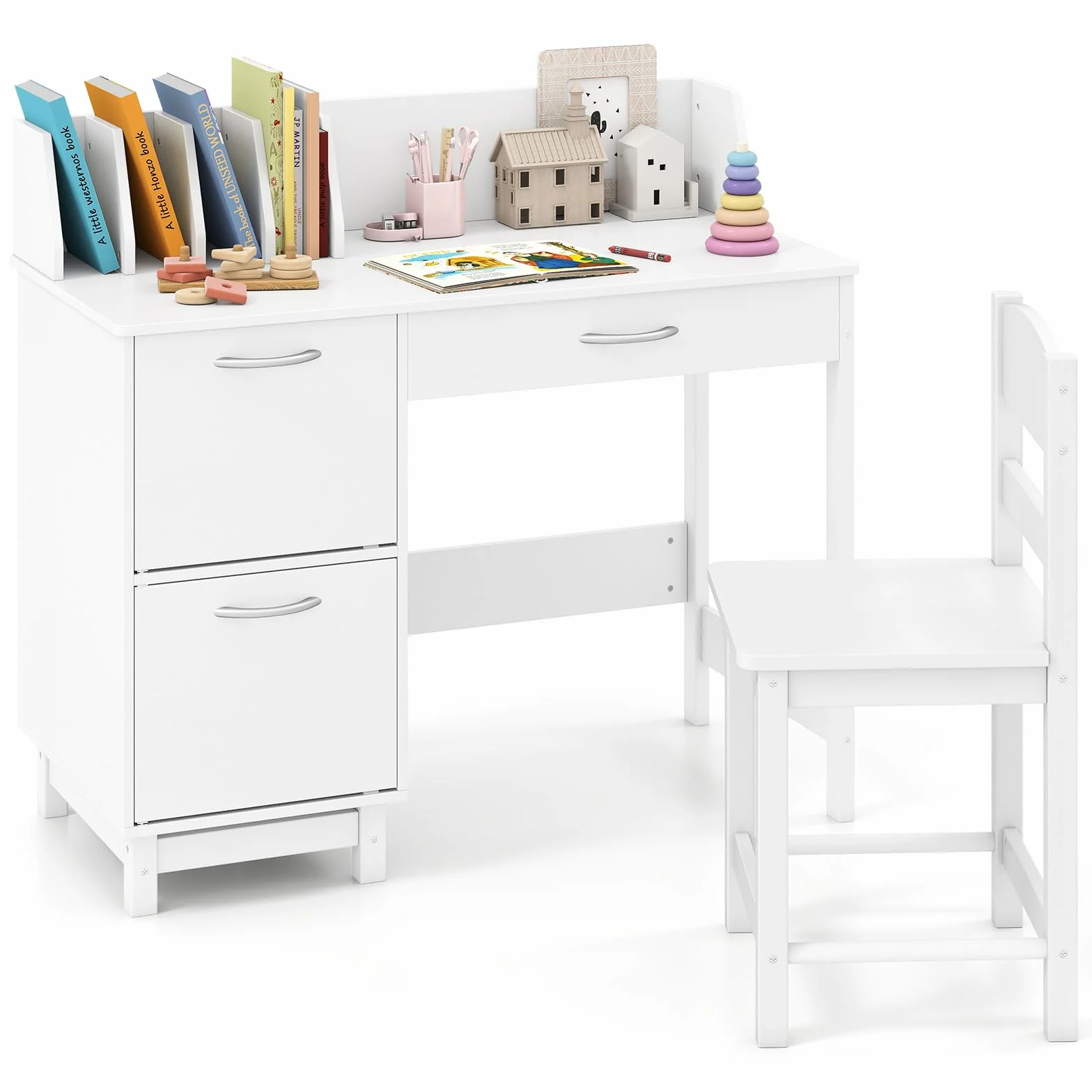 LIFEZEAL Set Scrivania e Sedia per Bambini 3+Anni, Scrivania per Cameretta con Cassetto, Libreria, Armadietto, Banco Scuola, Tavolo da Studio, Sedia con Schienale, in Legno, Giocare, Studiare (bianco)