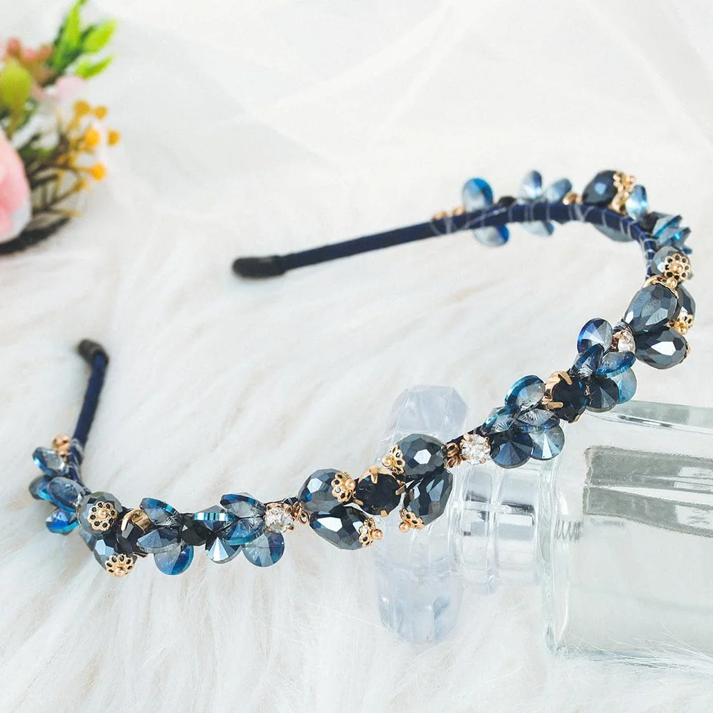 Fascia per Capelli Cristallo Blu Brillante Strass Vintage Festa Ballo Donne