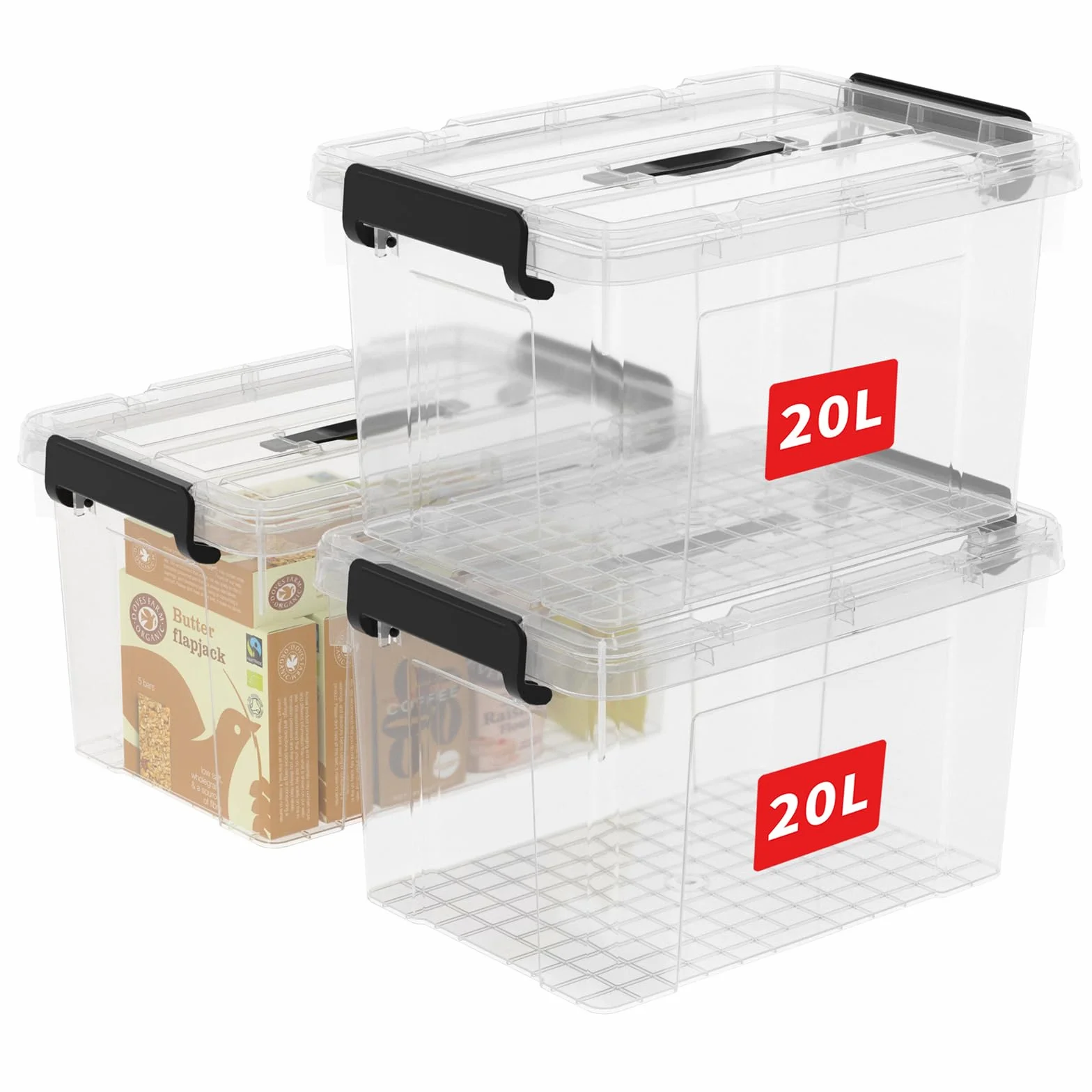 Cetomo 20L Scatole di Stoccaggio in Plastica, Portaoggetti con Coperchio, Organizzatore con Manico, Impilabile, Trasparente, Confezione da 3
