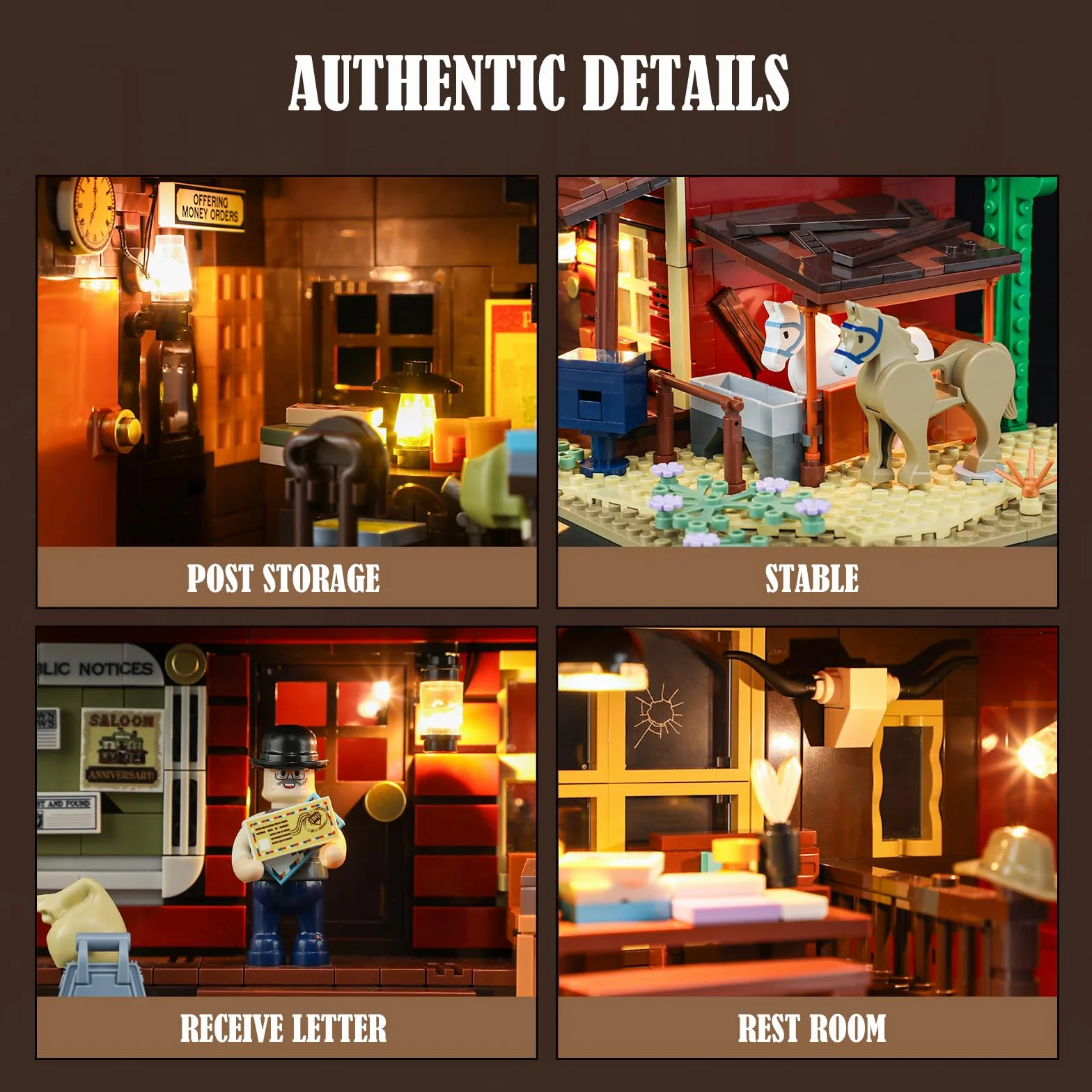 FUNWHOLE Ufficio Postale Western 1692 Pezzi Edificio Modulare Far West 6 Luci LED Modello Città Cowboy