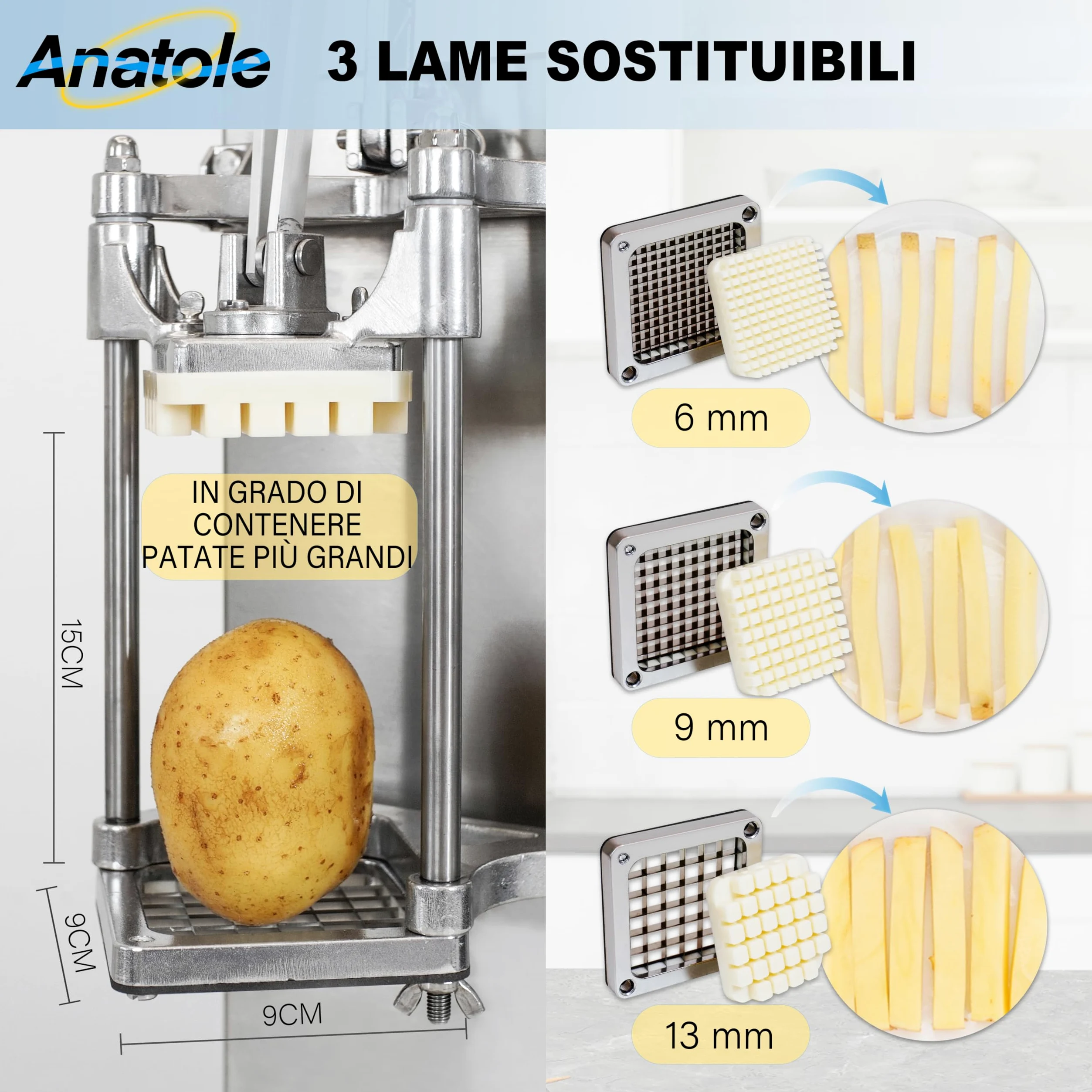 Anatole Tagliapatate per Patate Fritte Professionale Verticale con Lame 6mm 9mm 13mm Acciaio Inox Taglia Patatine Fritte Manuale Commerciale Tagliaverdure Multifunzione per Cipolle Carote Cetrioli